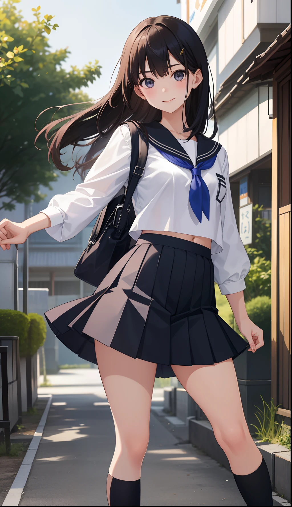 1girl in、AS-Adult、A smile、The shirt、skirt by the、（small tits）Chilarism、Japan High School Student Uniform、serafuku、summer clothing、（Sheer Bra）、Upper body portrait、the wind、