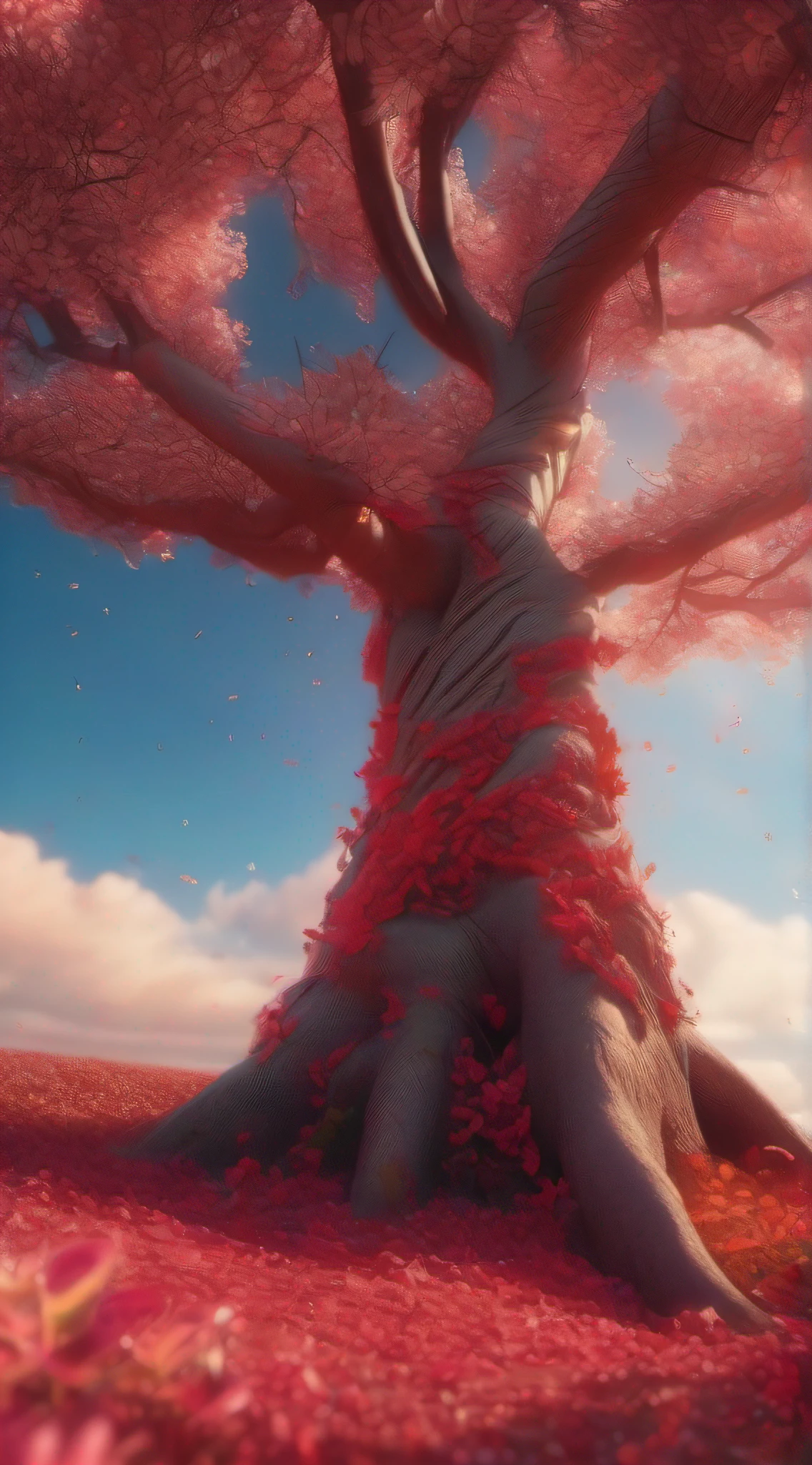 Close-up of a huge peach tree covered with red lines, The trunk of the tree stretches out to the sky,Surrounded by dynamics, Spiral, and magical petal paths,Fly and twist in the trees, Shining with golden light, Beauty, and red tones. Healing, Summer, high-definition photography, 8K, and close-ups.