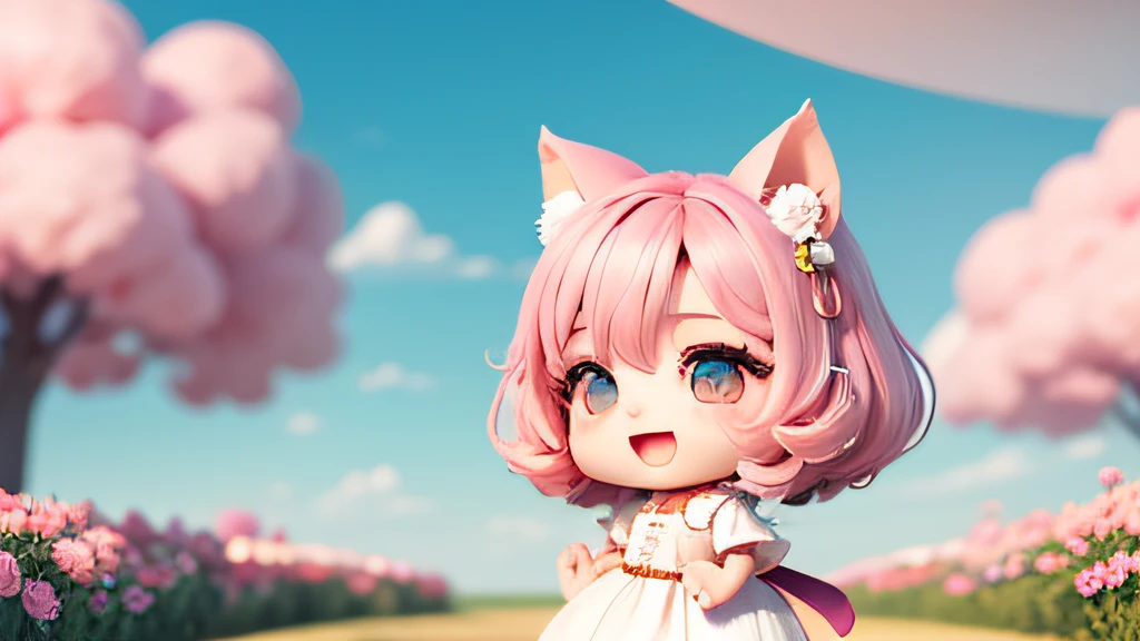 (((Super masterpiece、top-quality、ultra - detailed、1 cat girl、tchibi:1.4)))、There are big clouds、white dresses、A smile、Pink open sky、Fantastic pink garden background、(tchibi:1.4)、panoramic compositions、long shot、from side、Dye your cheeks、open open mouth
