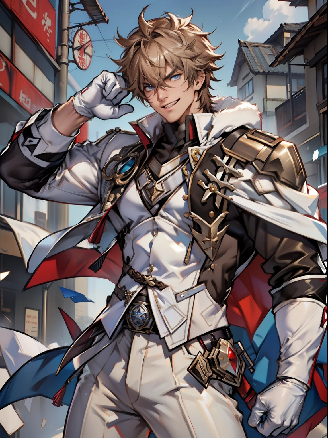 tmasterpiece,Best quality at best,(Genshin Impact),mitts,Bulging muscles,(white business suit,Casual wear tie)Bulging of the pectoral muscles,White gloves,Abs,malefocus,(The upper body exposes the abs),1boy,White gloves,独奏,Brown hair,Blue eyes,blue capelet,hair between eye,((Bulging crotch)),Sexy,(Masterpiece, Best quality),(white business suit),self-assured,having fun,big laughter,white pantie, stand-up collared shirt, tiese, waistcoat, Eight-pack abs, White leather mobile phone gloves, White trousers, Leather belt, spreading long thin legs, The erection,