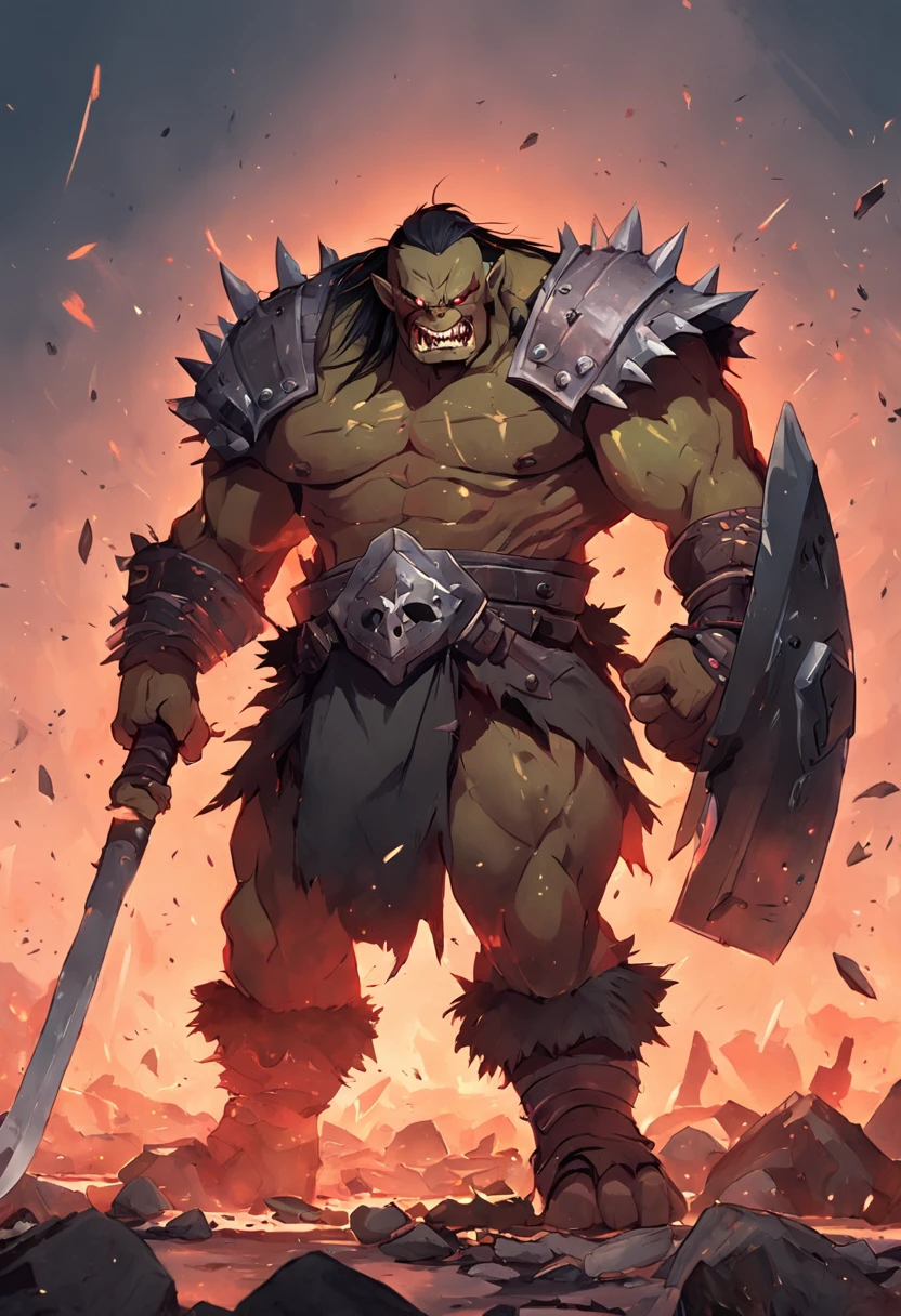 An orc warrior, Ferocious, Fangs exposed, Broken armor, With a giant axe in hand, Battlefield background, High definition, 4k