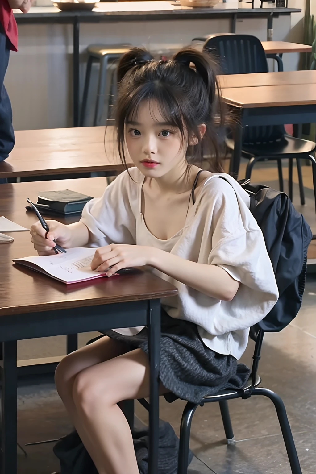 Masterpiece, Best quality, Masterpiece,Best quality,offcial art,Extremely detailed Cg Unity 8K wallpaper, day, Realistic, Real, Chinese, Student, cute female , kawaii, Littl, Solo, Girl, Medium hair, Black hair, short_pony tails, Fake smile, eyeball, Small breasts, Short shorts, Bare legs, {{{{Looking down}}}}hot pant,Asian,{Aerial view},{high-angle},{Look from top to bottom},{Classroom},{sit on chair},{Write on the table},{White T-shirt},{{bra strap}},Victorian,{{Keep your head down and do your homework}},{{{{underwear}}}},{book},{Expose the underwear shoulder straps},{{peep}},{{{Bra }}}, {Frilled bra },