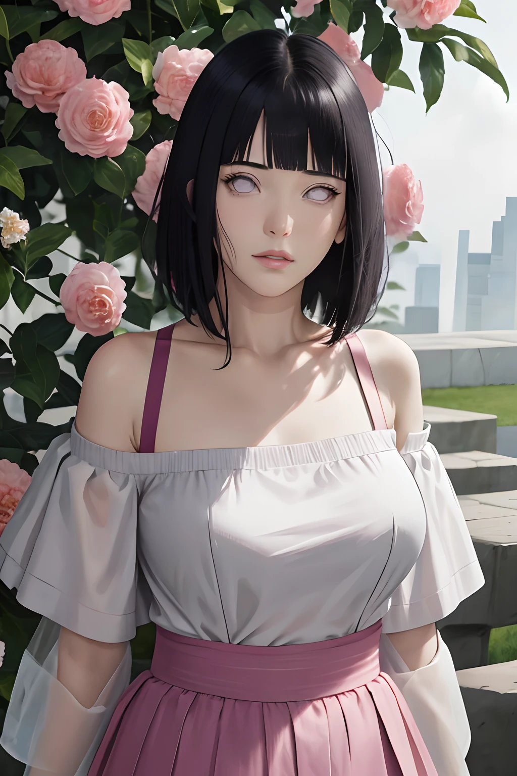 masterpiece, absurdres, hinata\(boruto\), 1girl, solo,mature female, off-shoulder strap bra, high waist short skirt, looking at viewer, (falling petals), perfect composition, detailed lips, big breast, beautiful face, body propotion, blush, (pink lips), long hair, purple eyes, soft gaze, super realistic, detailed, photoshoot, realistic face and body,