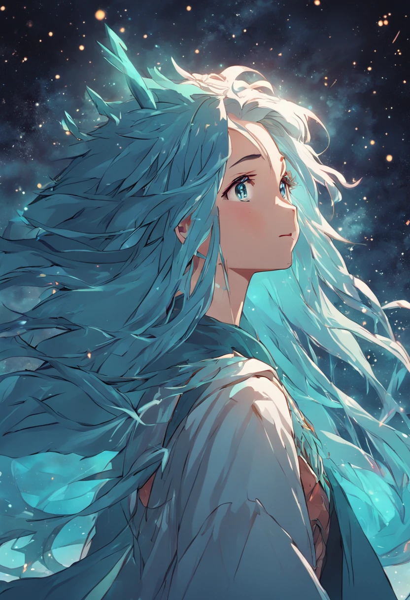 female cosmic druid with long flowing blue gradient hair