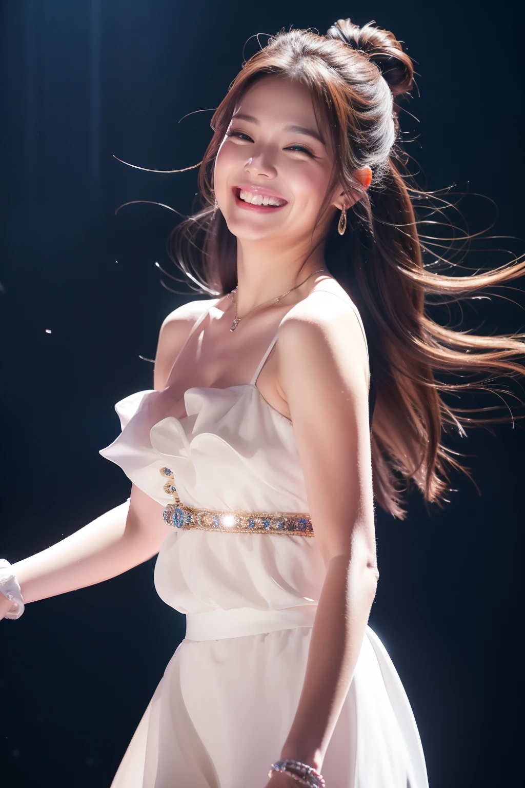 (in 8K)、top-quality、masterpiece、超A high resolution)Being in the spotlight、Idol on stage、Cute Idol、Smiling facing the front、The wind is blowing、Hair is fluttering