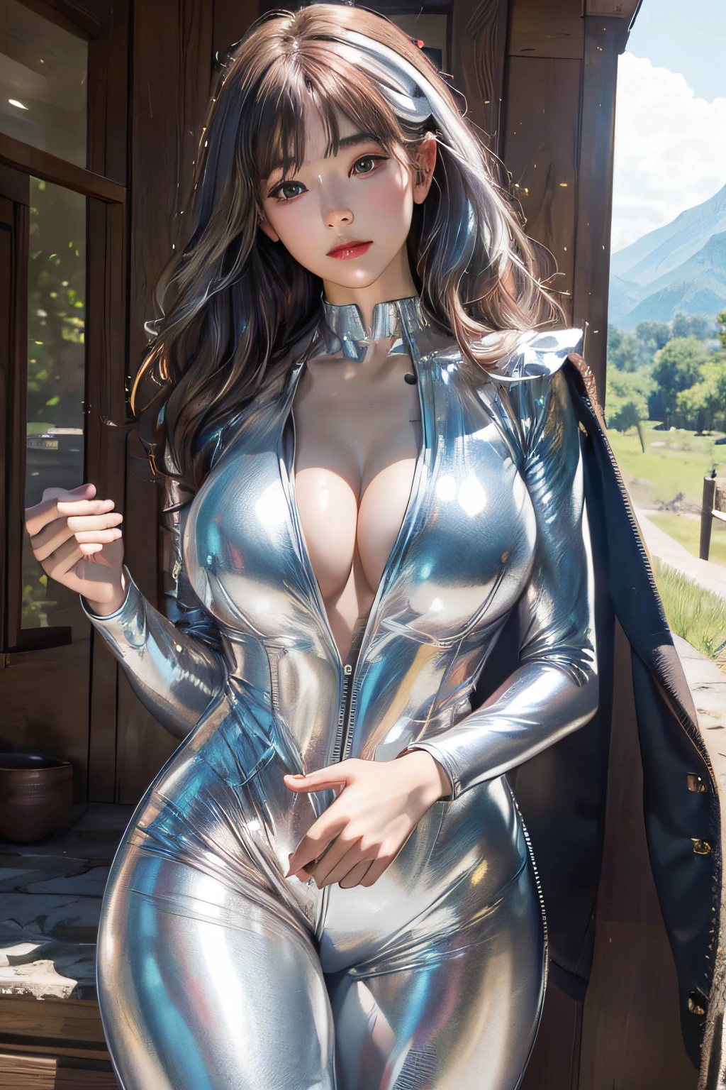 top quality photo、hight resolution、1080p、(clearface)、masuter piece, lush detail, (Detailed face description)、(Detailed hand description)、(Highest Quality Photos), (masterpiece), (Exquisite CG), mix4、(8K、Raw photography、top-quality、masterpiece:1.45)、(realisitic、Photorealsitic:1.7)、one girls, FULL BODYSHOT、(Clean face:1.5)、(A detailed face:1.5)、A detailed eye、clean big eyes、Bewitching lips、red lipsticks、Unevenness of the skin、(Rider Leather Suit)、(Silver Shiny Silver Full Body Rider Suit:1.5)、(Cover skin other than the face with a rider suit)、(Do not show the skin)、long curled hair、Brown hair、爆乳、big breasts thin waist、nabel、Inter-strands、Standing position with open legs、Silver latex slider suit with hidden skin luster, Have a full-face helmet in your hand、Bewitching, Glossy, Country road in the background, Wide countryside, I can see the mountains in the distance, blur backgroun,Lights from the front、Shine a light on your face、