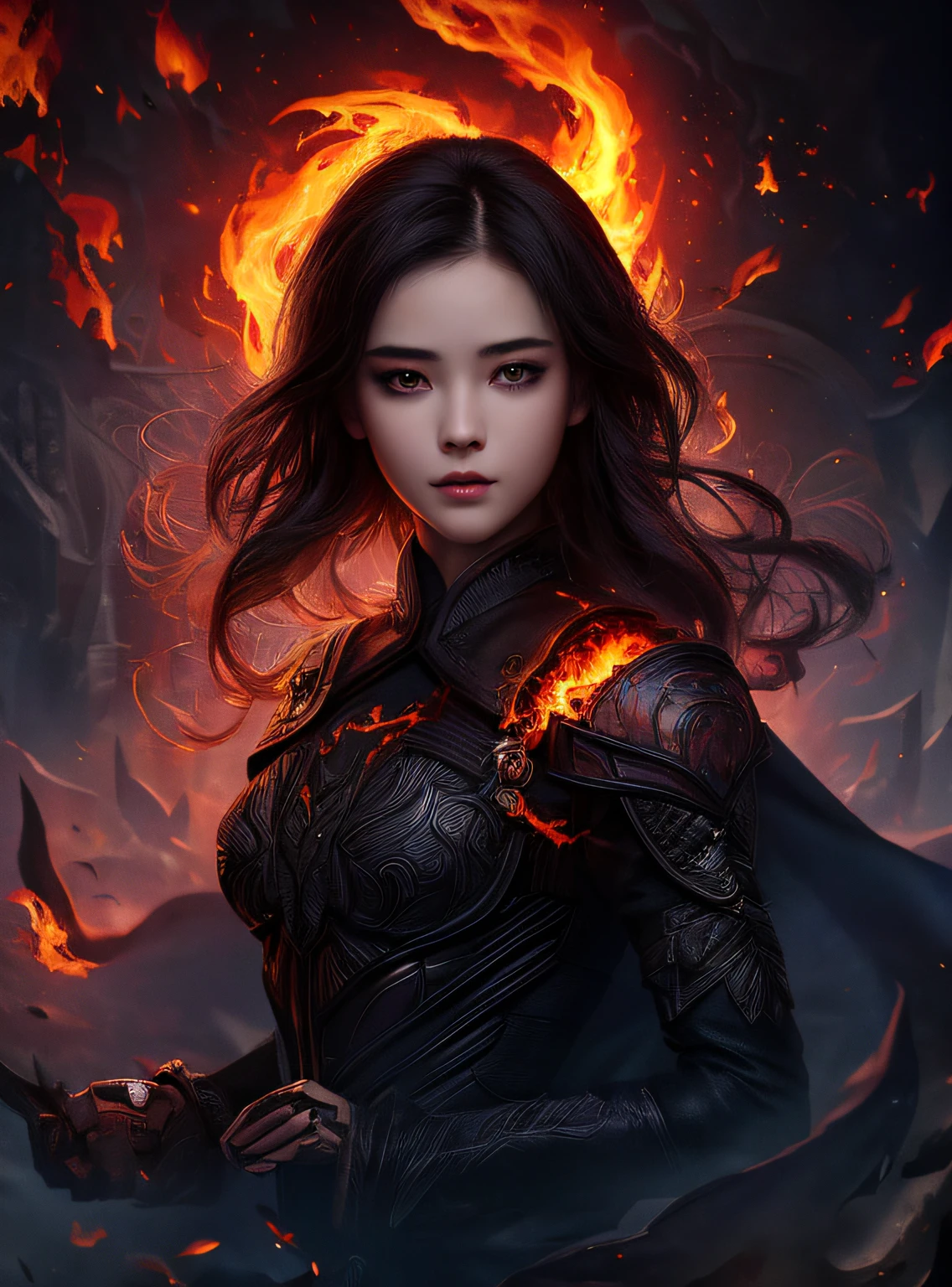 1girl,solo,masterpiece, best quality,fantasy,dark,shadow,
face is important,boy is important,eyes are important,rThe character is the main body of the work,(upper body),
flames,ruins, swirling magic,