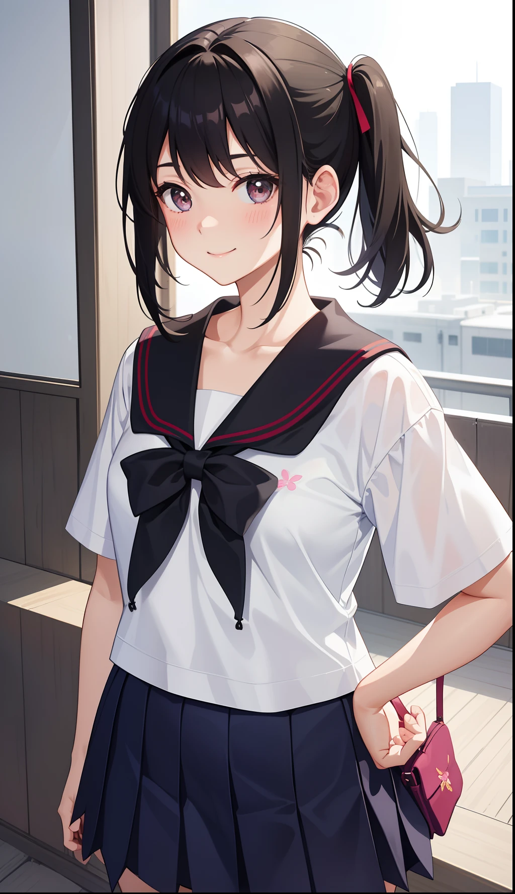 1girl in、A smile、The shirt、skirt by the、（small tits）Chilarism、Japan High School Student Uniform、serafuku、summer clothing、Squall Drenched Uniform、（Sheer Bra）、Upper body portrait、
