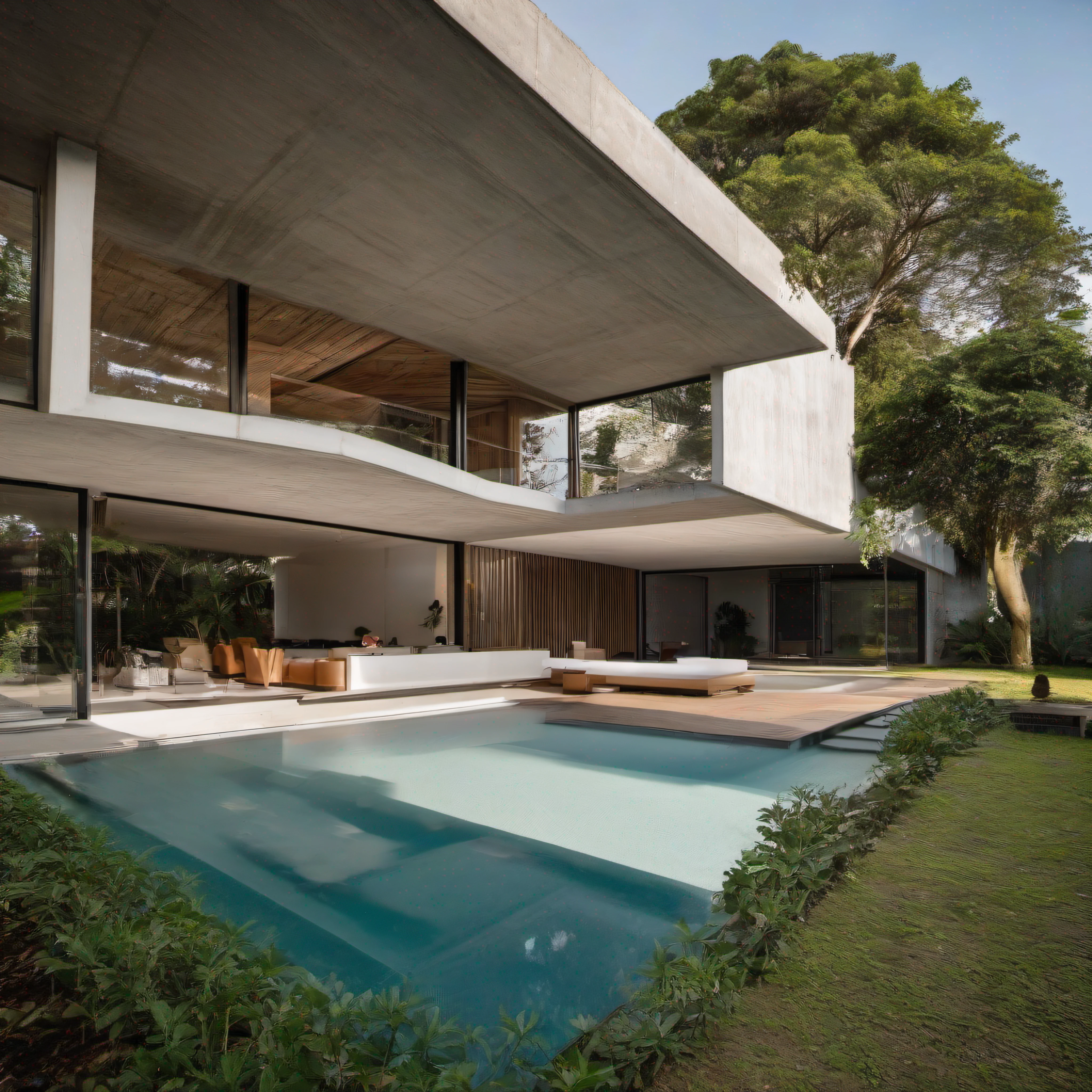 There is a pool in the backyard with a tree in the middle, arquitetura de concreto, muito desaparecer, e novo, Recently built, Paredes brancas, arhitectural shot, archdaily, arquitetura de concreto brutal, Villa Interdimensional, contemporary architecture, concrete housing, Arquitetura arborescente, concreto, Shiro Brutalista, arhitectural shot, obra-prima bem desenhada, Directed by: Matteo Pérez, Pablo Oliveira, arquitetura de parede aberta
