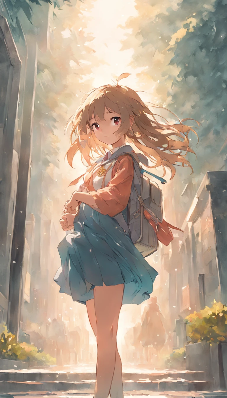 The highest quality, Masterpiece, high resolution, Very detailed, A girl, Lovely, Crystal clear white skin, Asian girl, Whole body, Young, junior high school, 13 years old, Children, The hair color is light brown, On the way to and from school in the morning, summer uniform, Holding a student bag, The wind and hair fluttering, Bevel from the back, Miniskirt, Raise your skirt, (Smile: 1.25), fantasy, school ground, flowerbed, 8K，(Masterpiece:1,2), Best quality, Masterpiece, A high resolution, Original, extremelydetailedwallpaper, Perfect lighting,(Extremely detailed CG:1.2), Drawing, paint brushes
