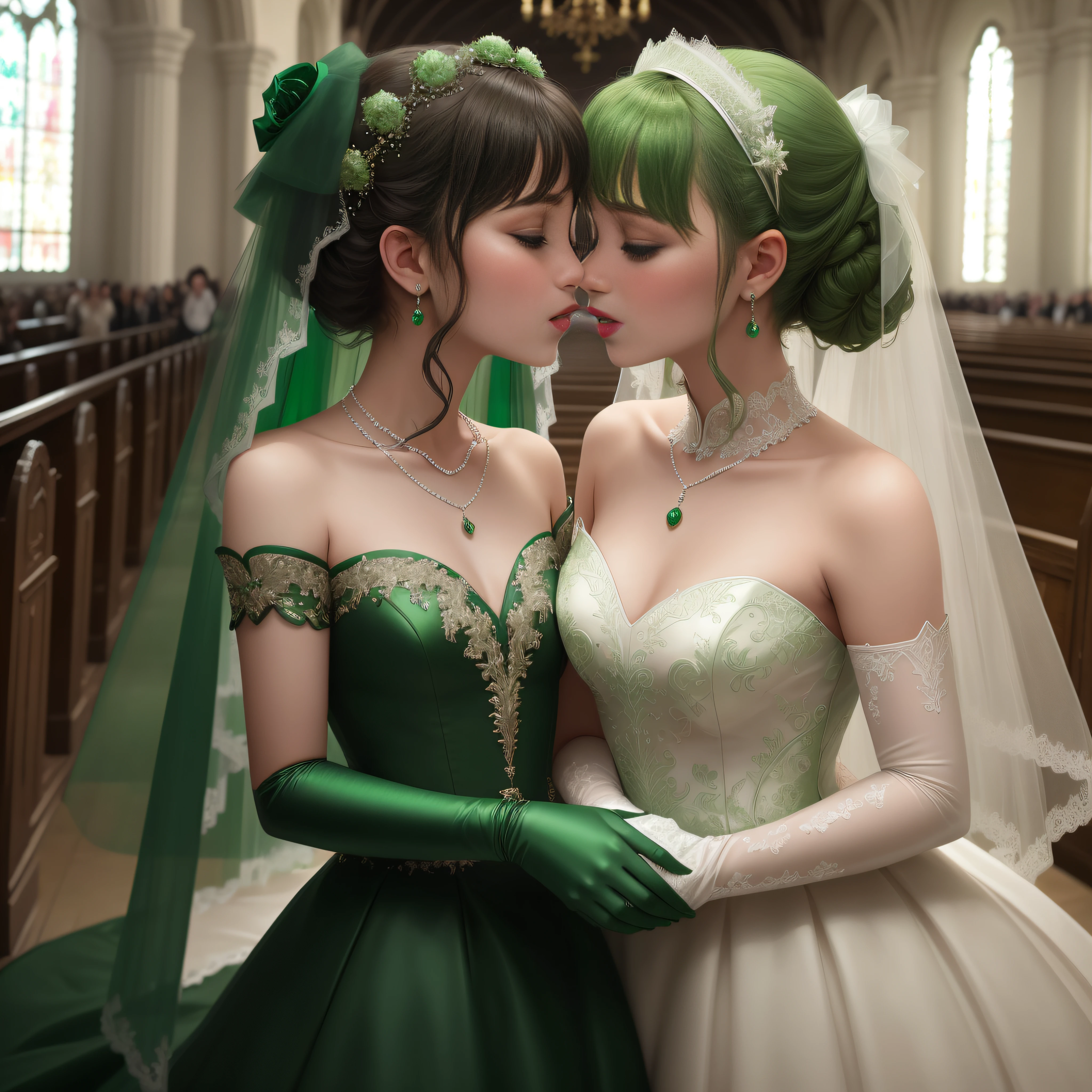 hight resolution、ultra-detailliert、(1girl in:1.3), Two women kissing in church, Green Satin Long Gloves, Green Wedding Dresses, Green shorthair, lipsticks, the kiss, bride, Green Pearl Necklace, Green Bride, lesbian、kiss mouth to mouth, High quality film stills, Sexy lesbian couple make, Passionate, All are wearing emerald green dresses and emerald green long gloves