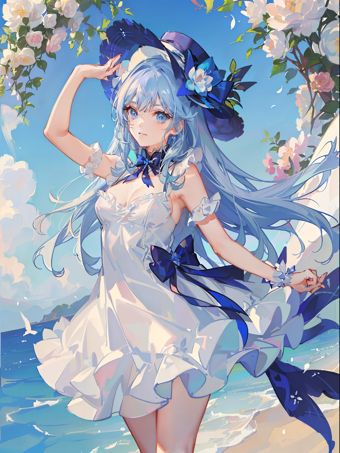 tmasterpiece,Highest image quality,1girll,cabellos largos dorados,blue color eyes,Hats,White slip dress,Bow knot,flower sea