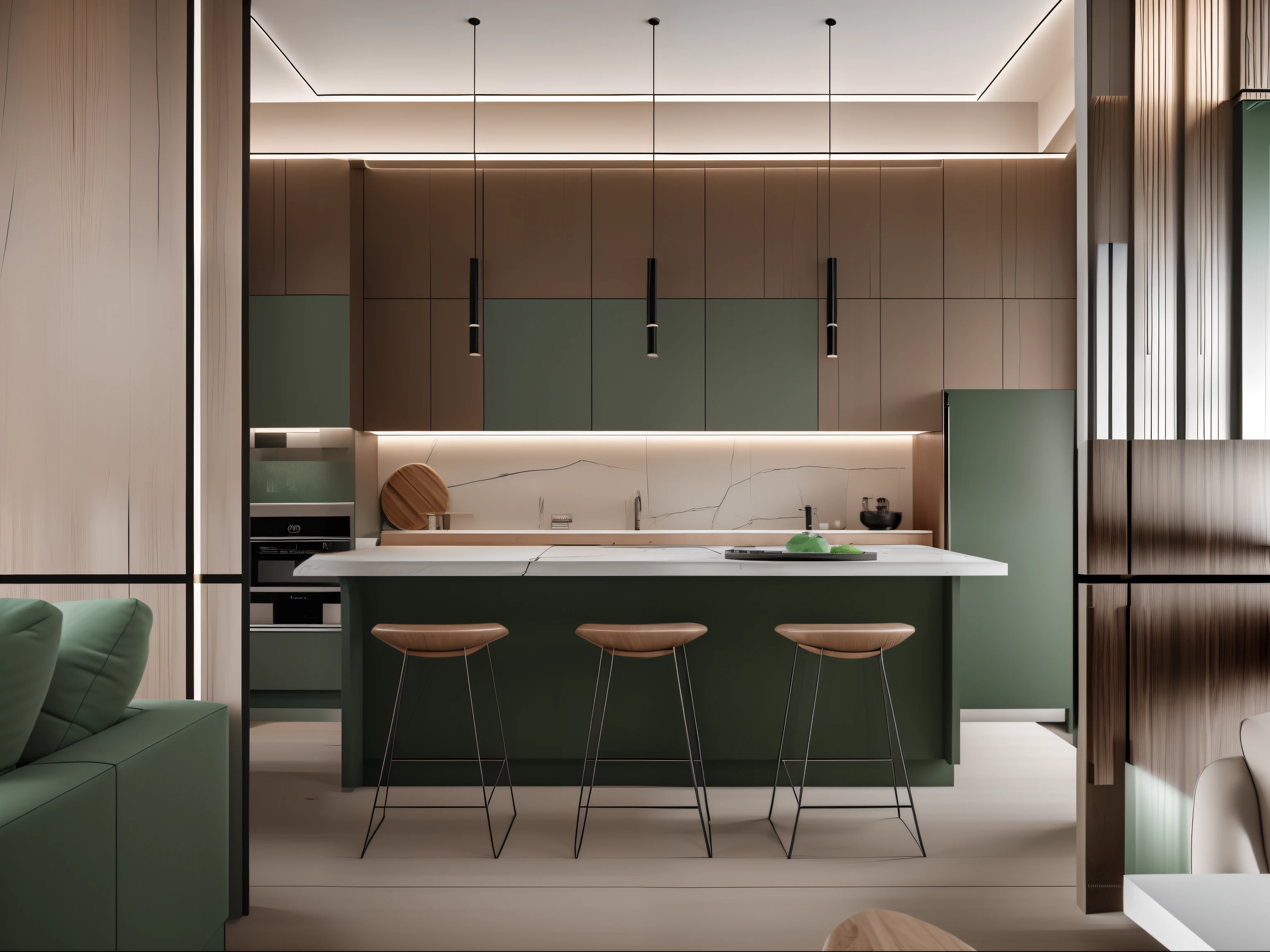 Masterpiece, high quality, best quality, authentic, super detail, interior,raw photo,8k,The kitchen cabinet's color is dark green pastel, the bar counter is wood-grain, with two glass doors push-pull , the kitchen is adorned with lightning-like patterned stone, beautiful accent LED lights, modern interior design, and a white sofa