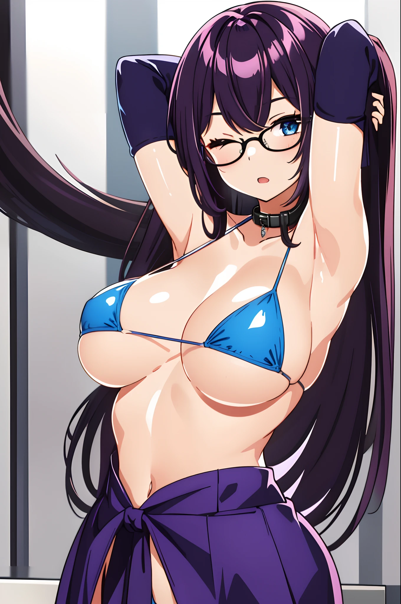 kanzaki rin, black-framed eyewear, solo, bangs, open mouth, very long hair, straight hair, arms up, one eye closed, (masterpiece:1.6, best quality), (finely detailed beautiful eyes: 1.2), (masterpiece), (best quality), (shiny hair), (shiny skin), (shiny skin), solo, twin tail hair, large breast, big boobs, boob curtain, under boobs, ((upper body)), (micro bikini), presenting armpit, bare shoulder, collar bone, (mole armpit), arm up, beach, selfie, cowboy shot, straightened, arms behind head, hands behind head, arms raised, hands in pockets, standing, ((detachable sleeves), (randoseru)), (side boobs), (bikini)