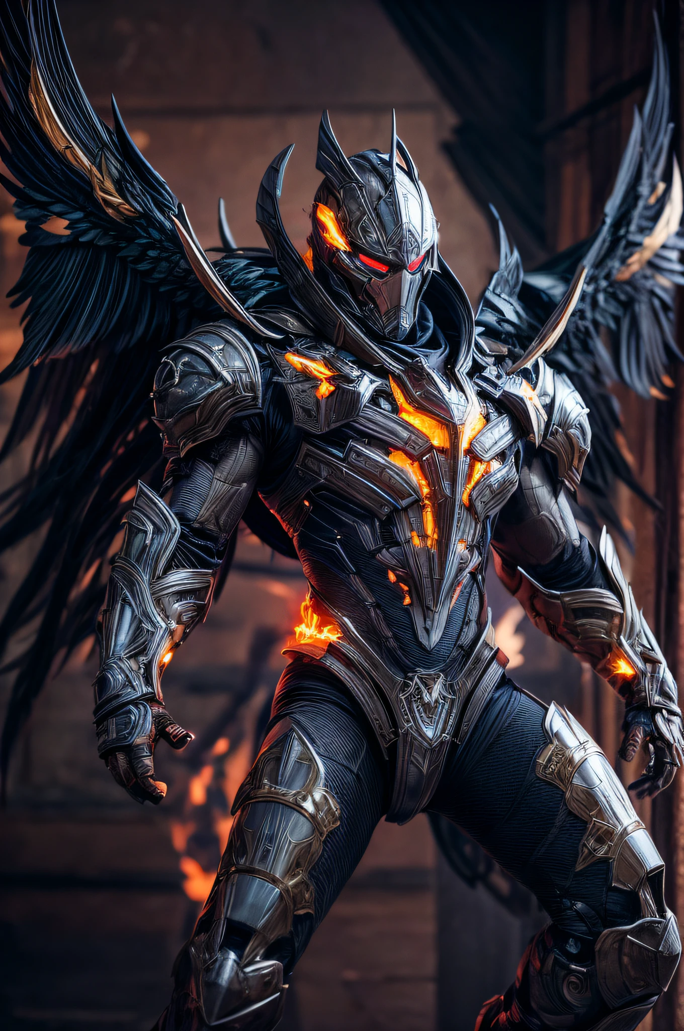 An intricate image of a Futuristic power-suit with armor and ai, that resembles a assasin with demon skull helmet with glowing cyclopse ember eyes, intricate metal wings, with flame thrower, Superhero landing pose, micro-details, photorealism, one light, dark photo, deep shadows, shallow depth of field, photorealistic, Surrealism, high quality, masterpiece, 8k, 8k, super detail, full body portrait,  extremely muscular, scratched, dented, battle scars, flying with his boosters