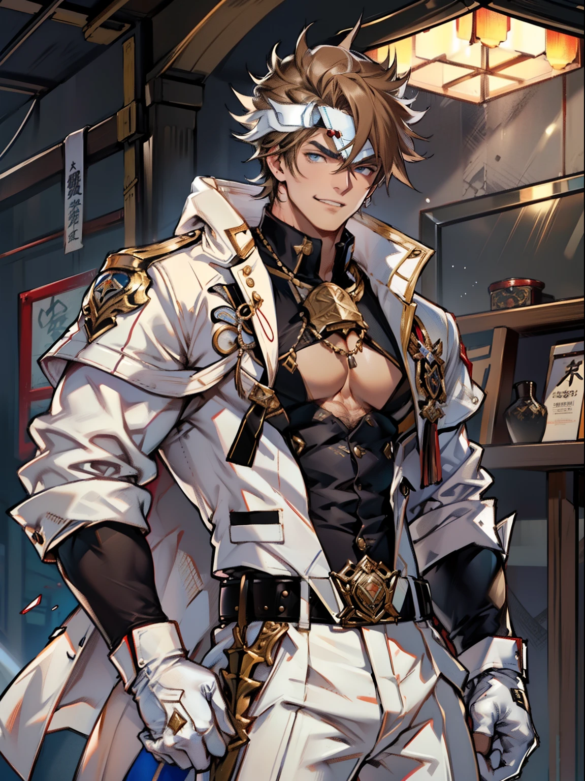 tmasterpiece，Best quality at best，（Genshin Impact），mitts，Bulging muscles，(white business suit，Casual wear tie）Pectoral muscle bulge，White gloves，Abs，malefocus，1boy，White gloves，独奏，Brown hair，Blue eyes，blue capelet，hair between eye，（（Bulging crotch）），Sexy,(Masterpiece, Best quality),（white business suit），self-assured，having fun，big laughter，white pantie, stand-up collared shirt, tiese, waistcoat, Open thickened glossy white leather jacket, Eight-pack abs, White leather mobile phone gloves, White trousers, Leather belt, spreading long thin legs, The erection,Masturbation,