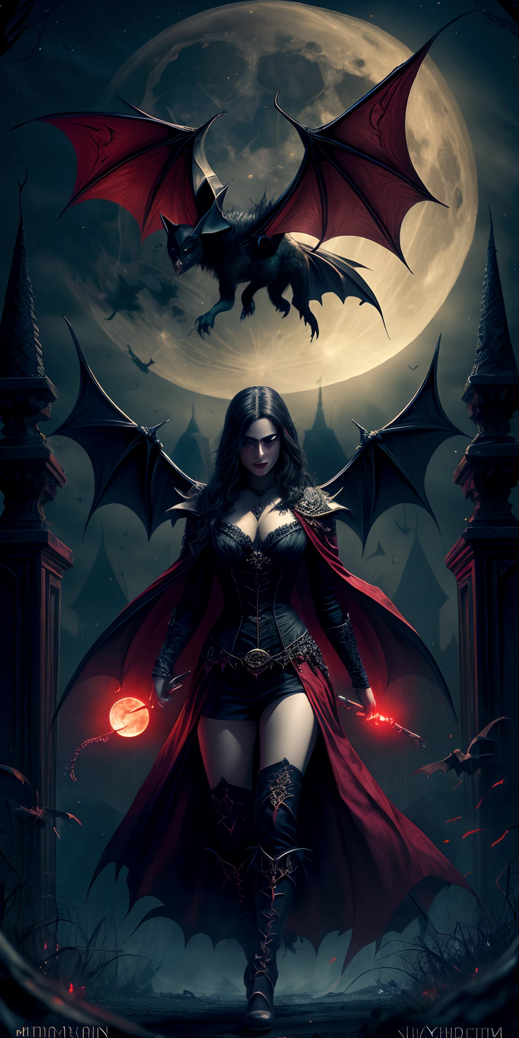 Fine, (Best Illustration), 8k Resolution, Intricate Details, Best Quality, Realistic, Ultra Detailed, Best Lighting, Best Shadows, Ultra HD, A Necromancer, Night, Magic, Dark Style, Vampire, Bat wings, red glowing eyes, dracula, moon,
