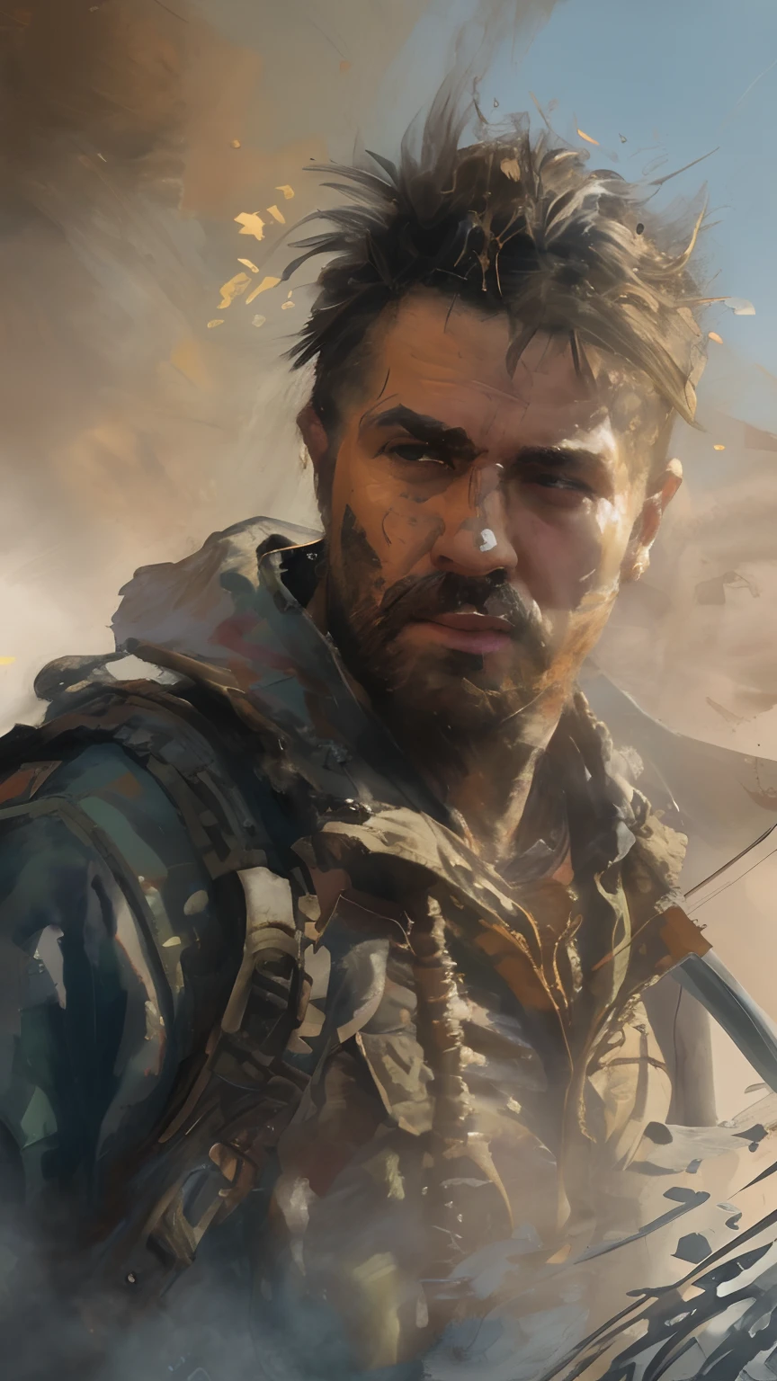 a painting of a man with a spiked head and a jacket, Estilo Craig Mullins, craig mullins dappled lighting, Craig Mullins Greg Rutkowski, inspirado em Craig Mullins, Directed by: Craig Mullins, Craig Mullins Nekro, Craig Mullins Chave Escura, James Gurney Estilo de pintura, Wojtek FUS, Artgerm Craig Mullins, Craig Mullins 8 K