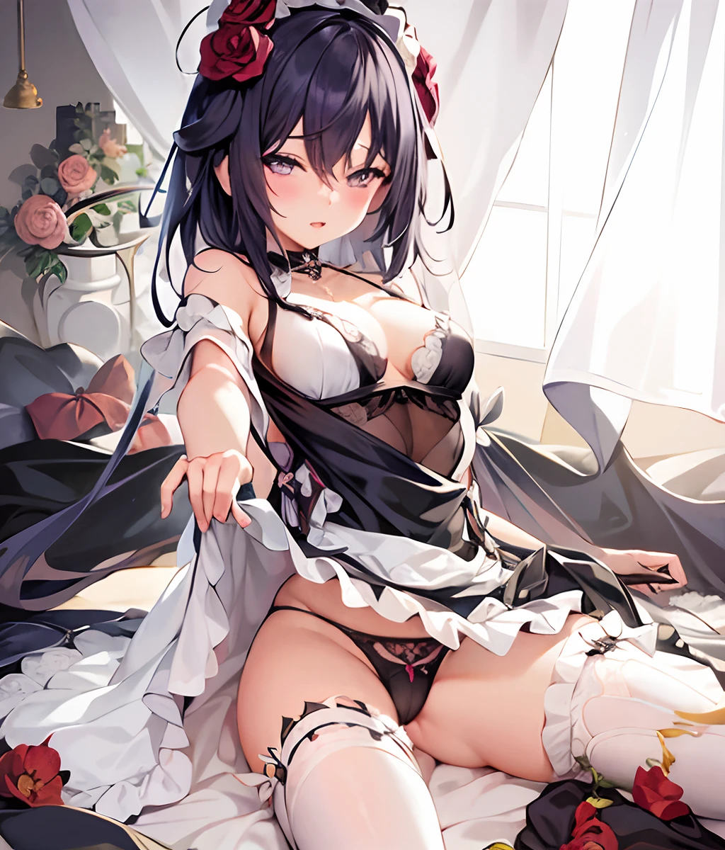 anime girl in lingerie sitting on bed with flowers in background, **** in dress, amber color eyes, seductive anime girl, guweiz, small curvy ****, cute anime waifu in a nice dress, guweiz on pixiv artstation, top rated on pixiv, guweiz on artstation pixiv, anime goddess, anime moe artstyle, beautiful alluring anime woman, she reaches out to the viewer with her right hand