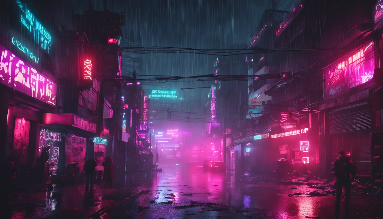 "Neon-lit cyberpunk street, futuristic city street, Dystopian artwork in the dark,Huge signboard , 4k wallpaper. Rain and fog atmosphere, Evoking a sullen and desolate future."