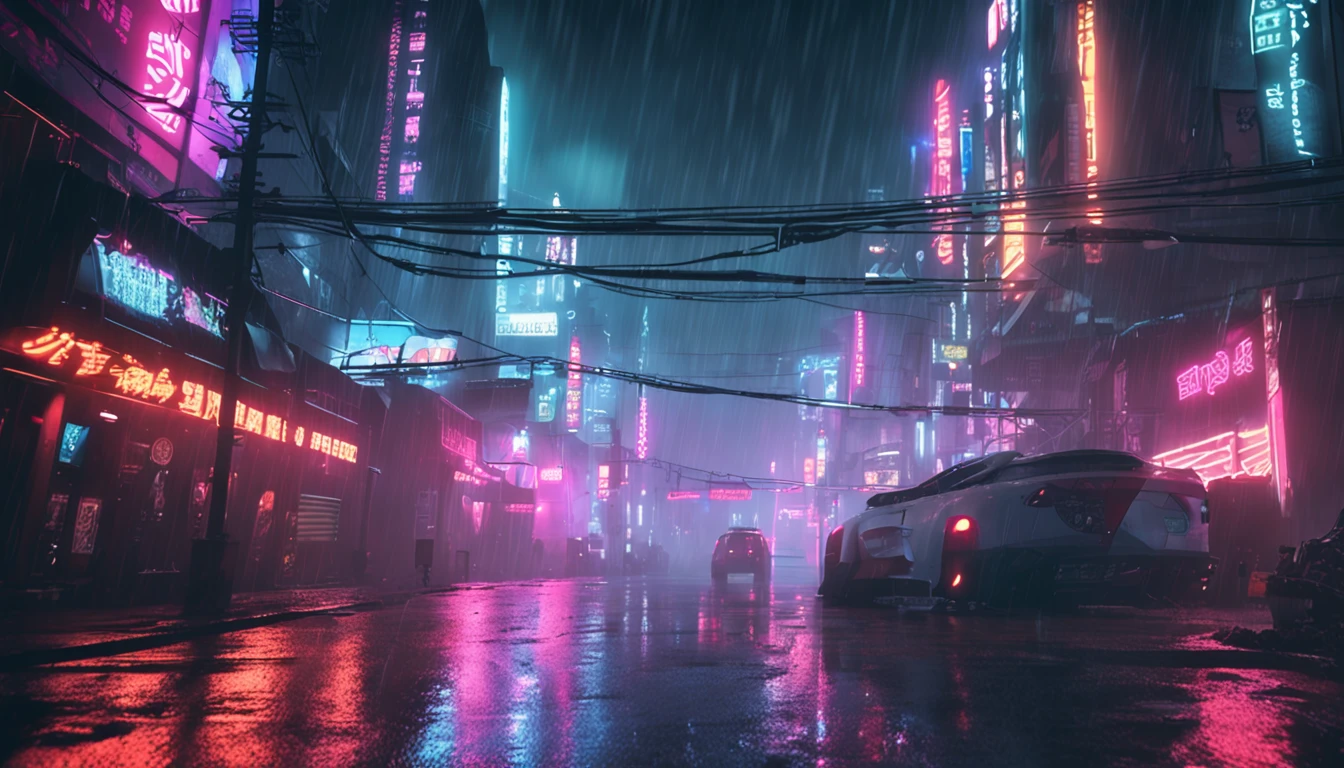 "Neon-lit cyberpunk street, futuristic city street, Dystopian artwork in the dark,Huge signboard , 4k wallpaper. Rain and fog atmosphere, Evoking a sullen and desolate future."