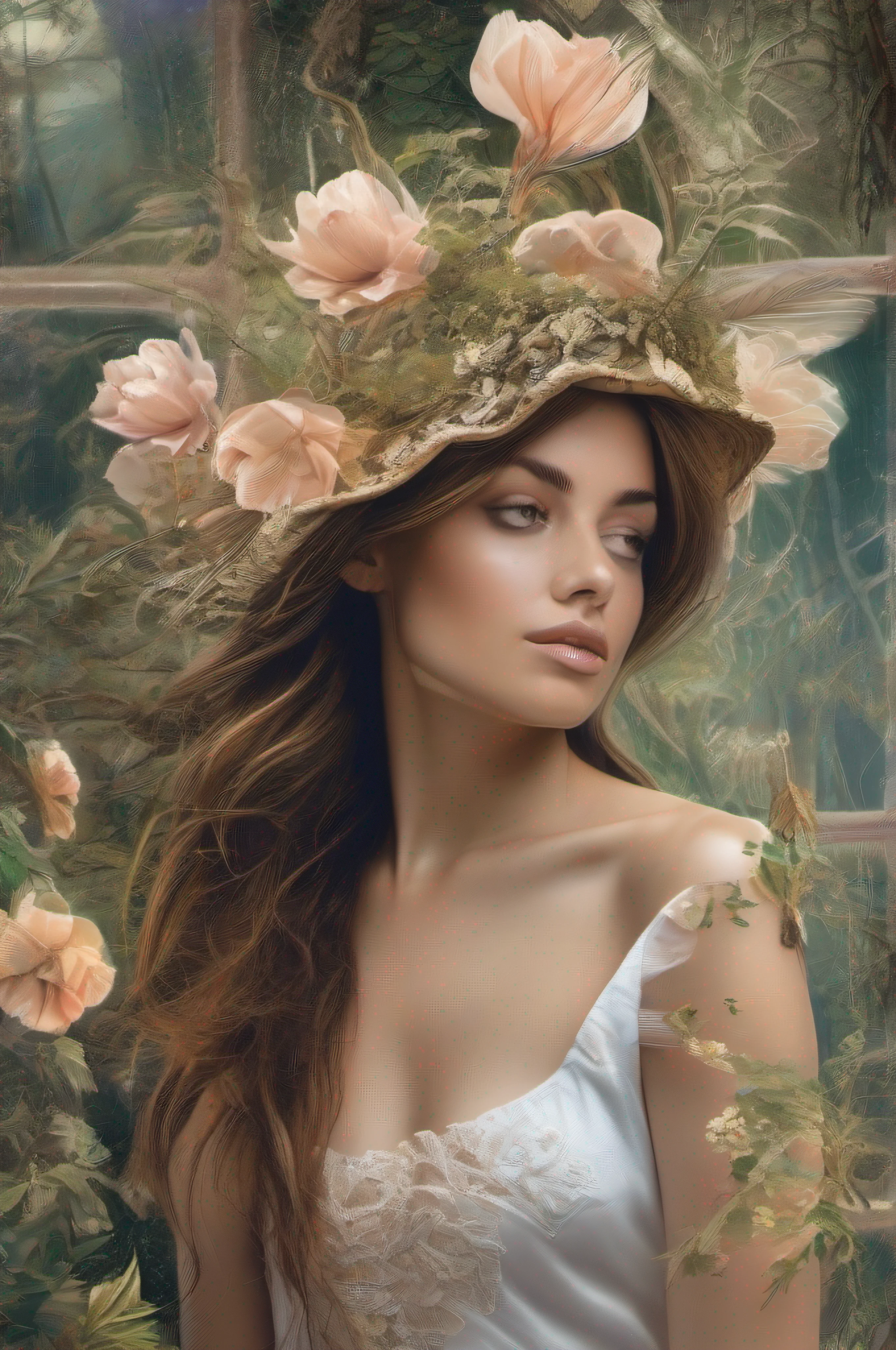 Contemple esta imagem intrigante e evocativa que revela Rosa, a brunette woman of average height, immersed in an aura of mystery and wonder. His brown eyes are windows to the depth of his soul, Carrying secrets and untold stories. Vestida com um longo vestido azul, Her figure stands out amid the lush scenery that surrounds her.

Your body is a living canvas, coberta de musgo e ramos que parecem fluir organicamente, creating a unique symbiosis between your being and the surrounding nature. These plant elements entangled around her speak of a deep connection to the natural world, como se ela fosse parte integrante da terra que a sustenta.