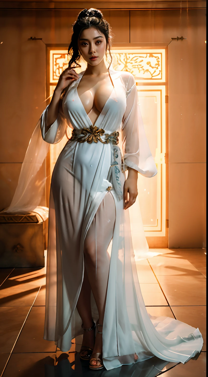 arafed actress Fan Bingbing in a transparent bathrobe posing in a room, opened dress, sexy dress, goddess, transparent gray dress, with a large breasts, with large breasts, full length view, elegant posed, clear curvy details, highly realistic photo, photorealistic perfect body, hyperrealistic full figure, voluptuous and arousing, breasts covered and sfw