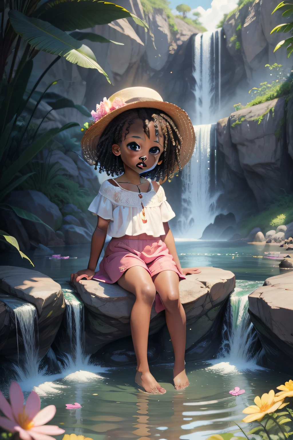 Beautiful African American  girl, Dazzling, On an island with a beautiful waterfall, Flowers, Birds,