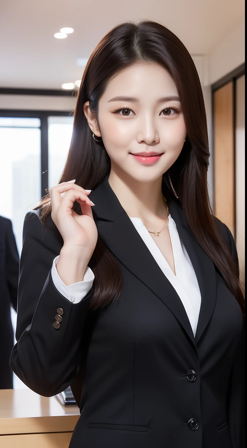 realistic photos of 1 cute Korean star, hair behind ear, white skin, thin makeup, 32 inch breasts size, slightly smile, wearing black office suit, at the office's canteen, upper body portrait, UHD