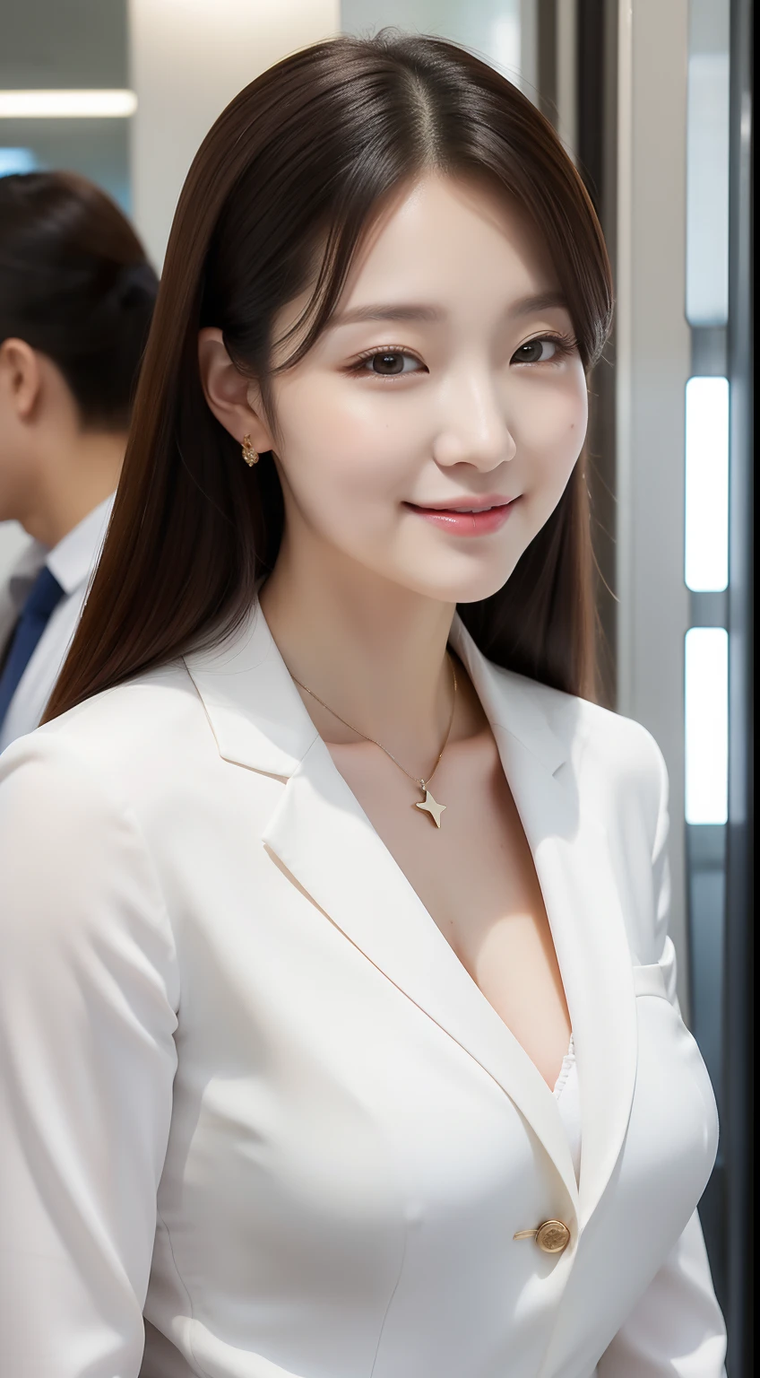 realistic photos of 1 cute Korean star, hair behind ear, white skin, thin makeup, 32 inch breasts size, slightly smile, wearing black office suit, at the office's canteen, upper body portrait, UHD