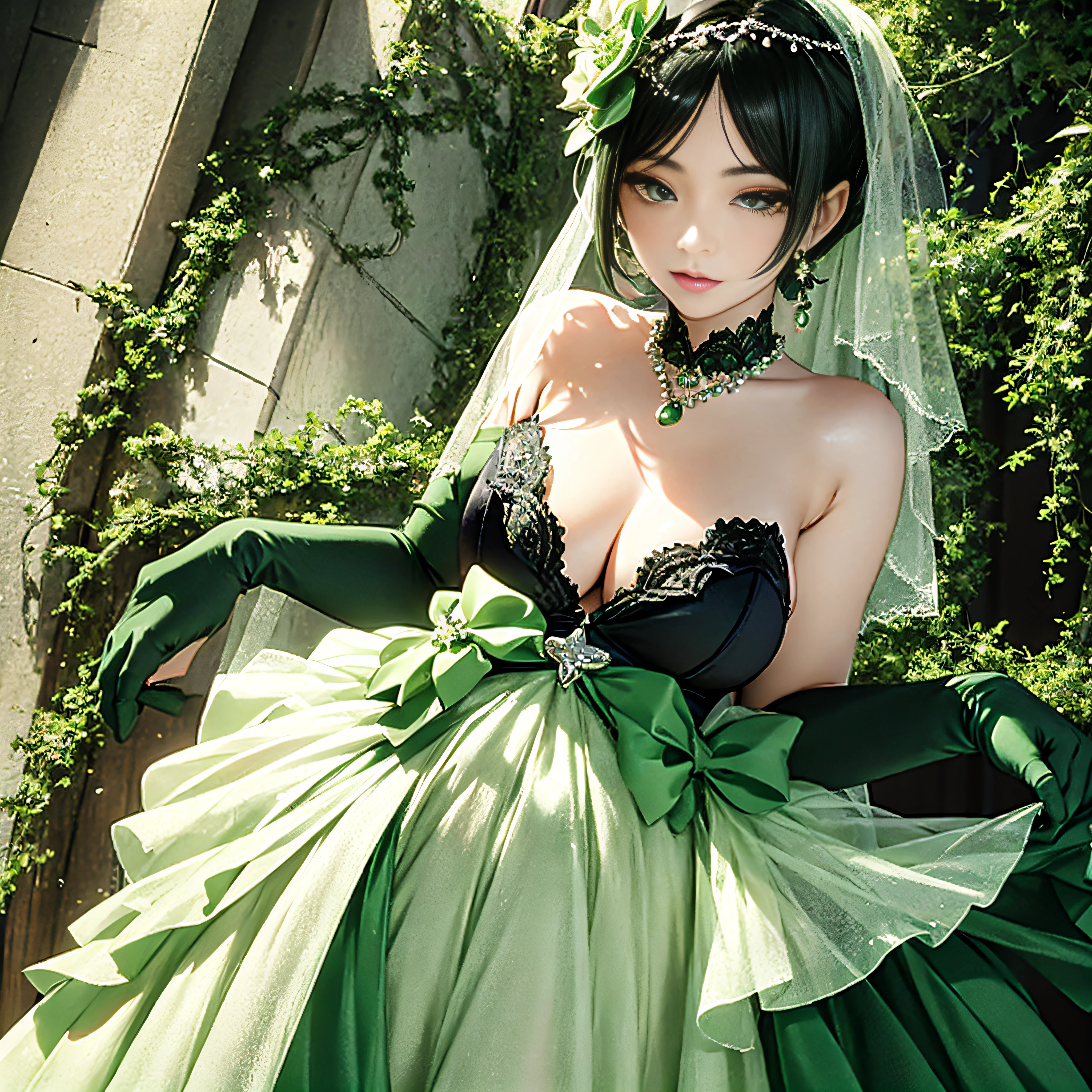 Green Dress Flower Cleanser,Sense of atmosphere, best qualtiy,tmasterpiece,1girll,30-years old,Green dress,Daytime Church,full body Esbian, Green gloves,With short black hair,big breasts beautiful,looking at viewert,ssmile,Green Bridal Veil,Green Long Grove,Satin green long gloves, lipsticks, Green Pearl Necklace、Elbow green gloves, Green shorthair