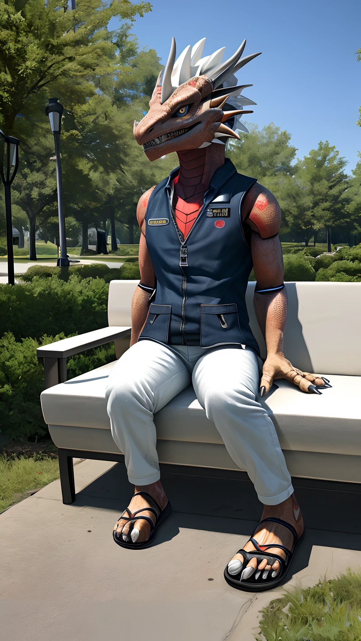 Bionic robot dragon，female，Gilet blanc，short white pants，sandals，Sit on a couch in the park，HD graphics，Detailed and realistic，high detal，high qulity，photo-realistic，photorealistic eye，Detailed paws，Clear eyes，Masterpiece artwork，Five-fingered hands