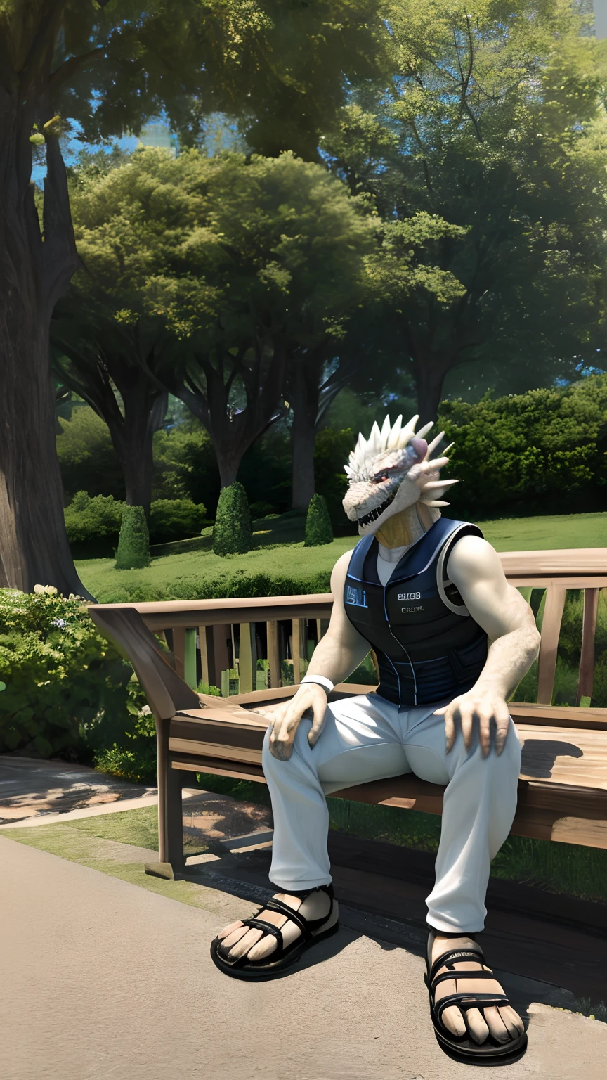 Bionic robot dragon,female,Gilet blanc,short white pants,sandals,Sit on a couch in the park,HD graphics,Detailed and realistic,high detal,high qulity,photo-realistic,photorealistic eye,Detailed paws,Clear eyes,Masterpiece artwork,Five-fingered hands