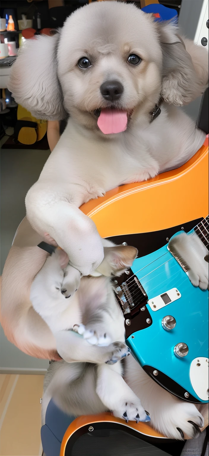 remove,Change to a guitar and put it in the dog's arms