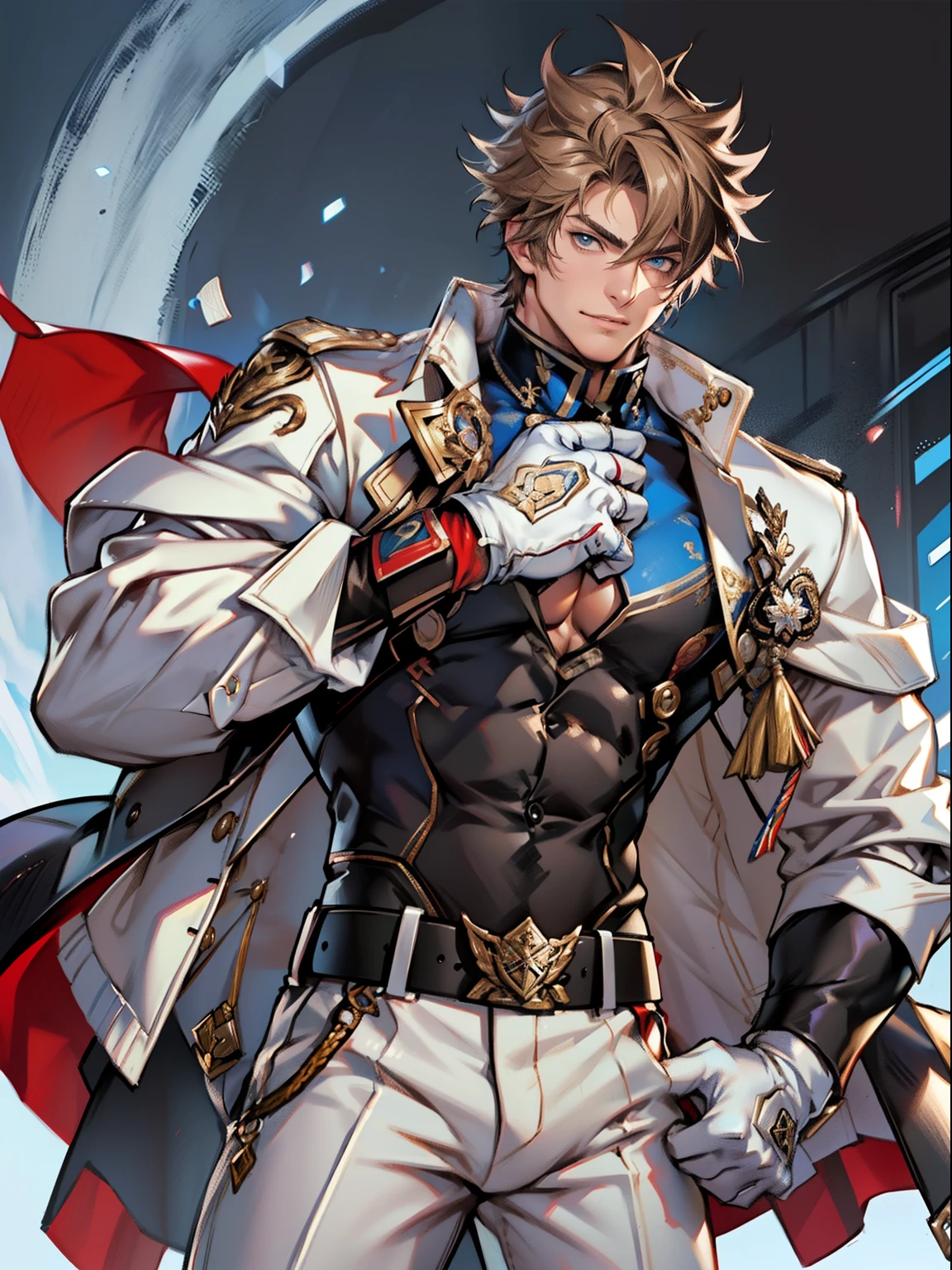 tmasterpiece，Best quality at best，（Genshin Impact），mitts，Bulging muscles，(white business suit，Casual wear tie）Bulging of the pectoral muscles，White gloves，Abs，malefocus，1boy，White gloves，独奏，Brown hair，Blue eyes，blue capelet，hair between eye，（（Bulging crotch）），Sexy,(Masterpiece, Best quality),（white business suit），self-assured，having fun，big laughter，white pantie, stand-up collared shirt, tiese, waistcoat, Open thickened glossy white leather jacket, Eight-pack abs, White leather mobile phone gloves, White trousers, Leather belt, spreading long thin legs, The erection,Masturbation,