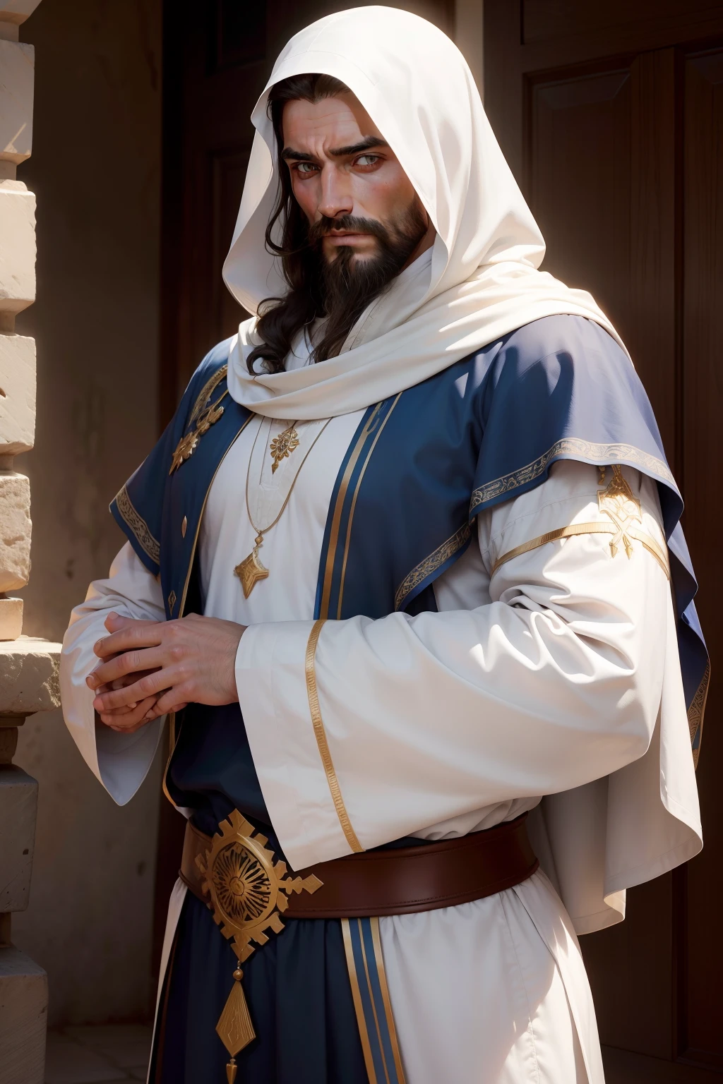 Homem de cabelos longos e barba. Os olhos expressivos e penetrantes, able to reflect compassion and wisdom. Rosto com um ar de serenidade e bondade, capaz de atrair as pessoas. Trajes: according to the customs of the time, Jesus probably wore simple, traditional Middle Eastern clothing, such as tunics. Etnia: Jesus was born in the region of Judea, which is located in the Middle East. Portanto, He would probably have physical traits similar to those of other people in that area, como pele morena.
