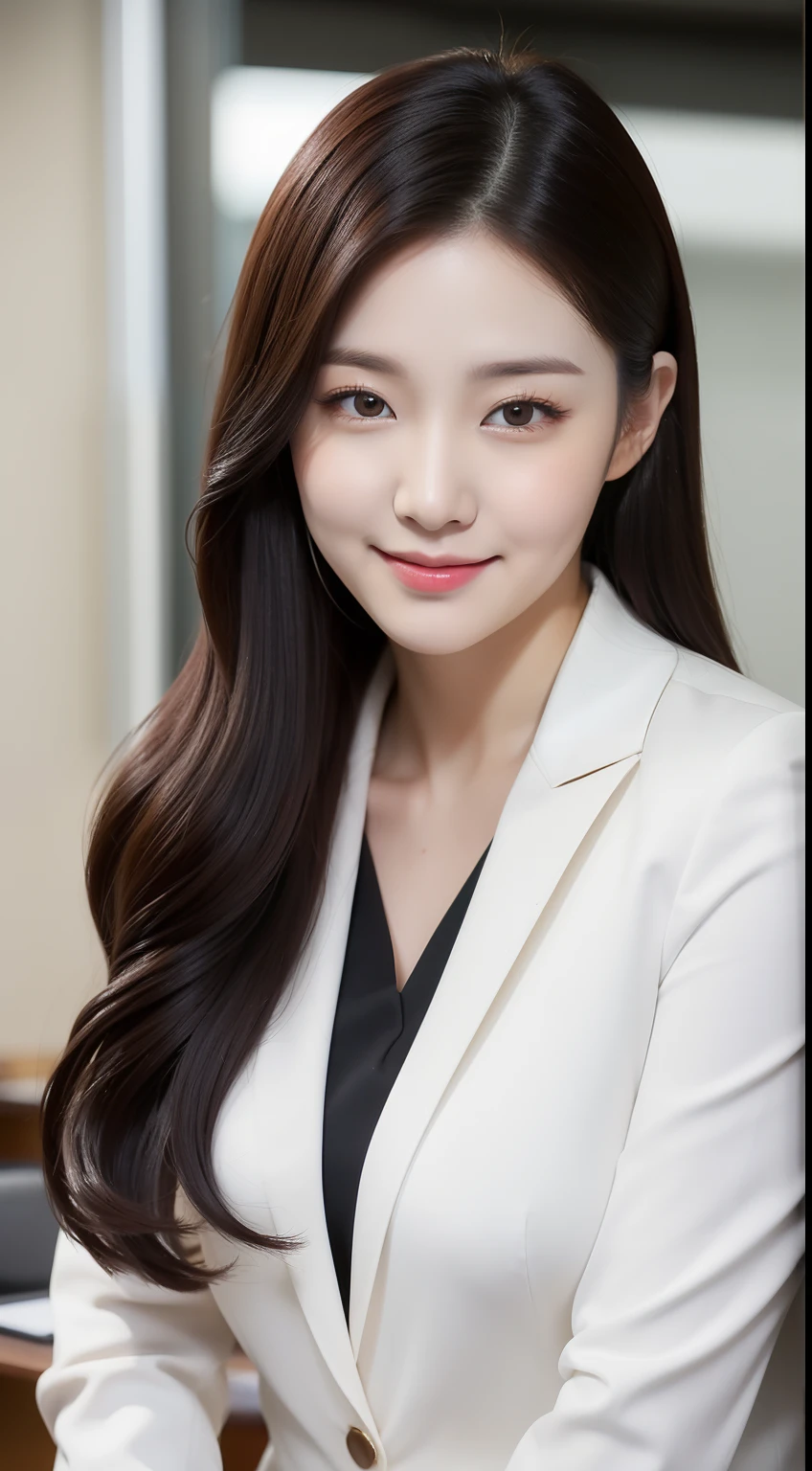 realistic photos of 1 cute Korean star, hair behind ear, white skin, thin makeup, 32 inch breasts size, slightly smile, wearing black office suit, at the office's canteen, upper body portrait, UHD