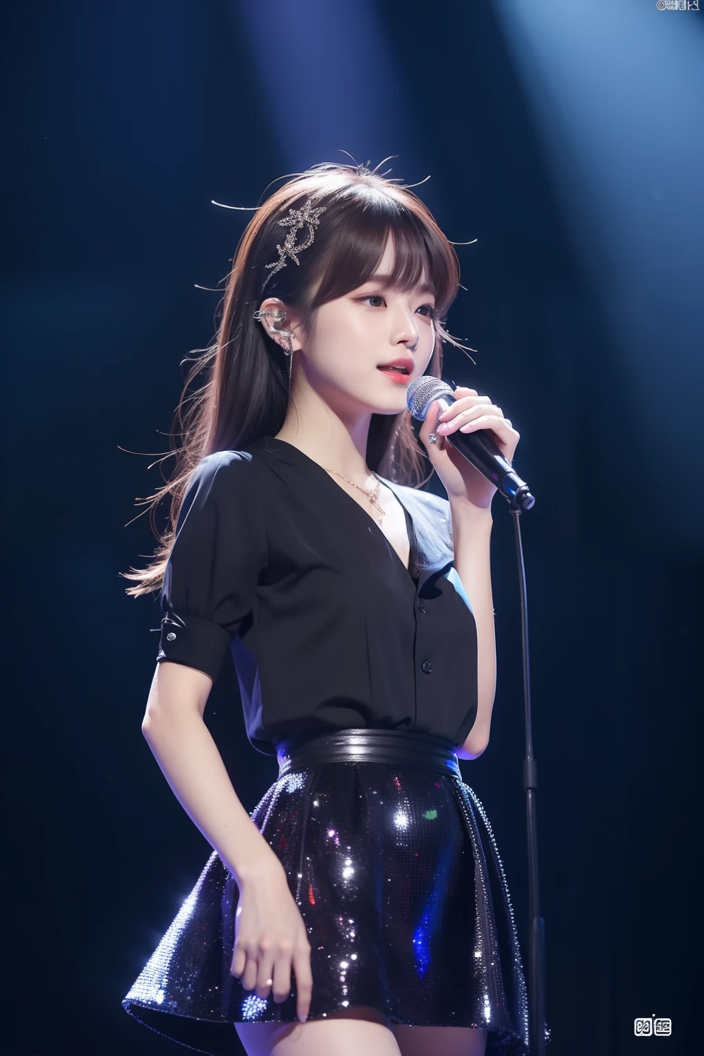 (in 8K)、top-quality、masterpiece、超A high resolution)Being in the spotlight、Idol on stage、Cute Idol、Has a stand microphone、Hair fluttering in the wind、Looking down and not seeing your face