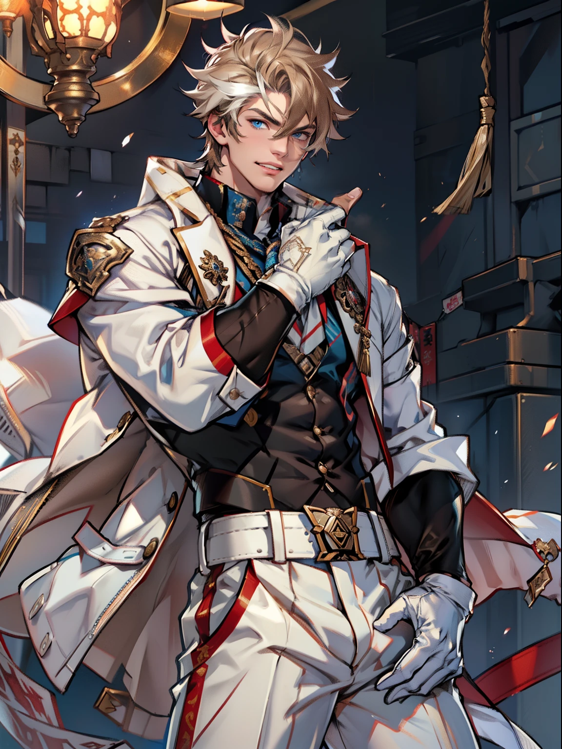 tmasterpiece,Best quality at best,(Genshin Impact),mitts,Bulging muscles,(white business suit,Casual wear tie)Pectoral muscle bulge,White gloves,Abs,malefocus,1boy,White gloves,独奏,Brown hair,Blue eyes,blue capelet,hair between eye,((Bulging crotch)),Sexy,(Masterpiece, Best quality),(white business suit),self-assured,having fun,big laughter,white pantie, stand-up collared shirt, tiese, waistcoat, Open thickened glossy white leather jacket, Eight-pack abs, White leather mobile phone gloves, White trousers, Leather belt, spreading long thin legs, The erection,Masturbation,