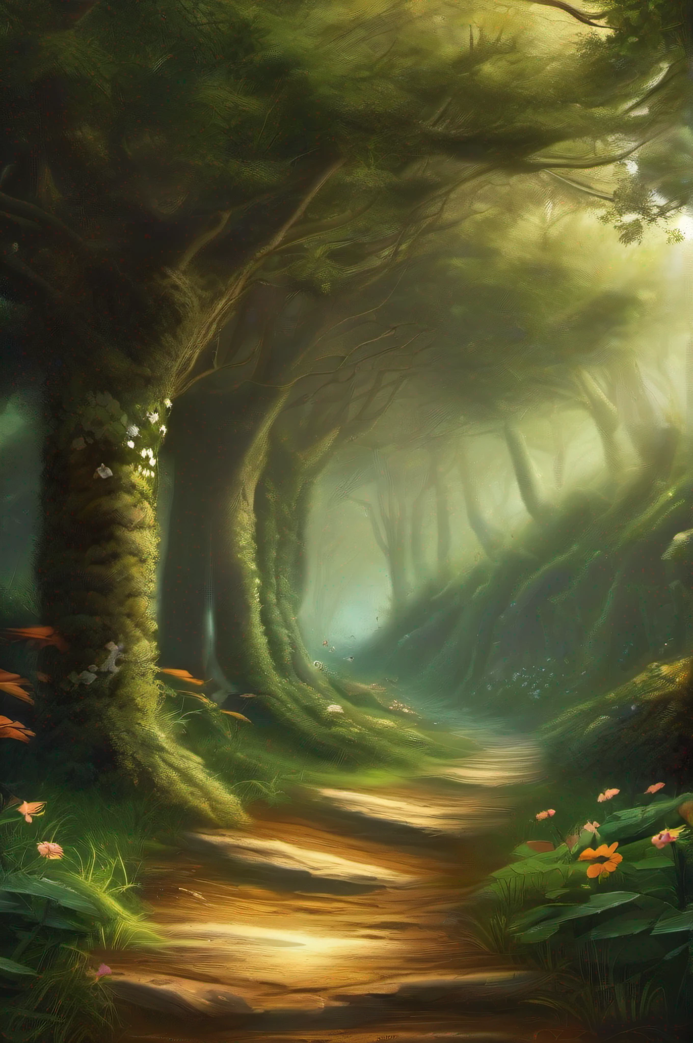 floresta encantada com uma estrada de terra e cascalhos no centro