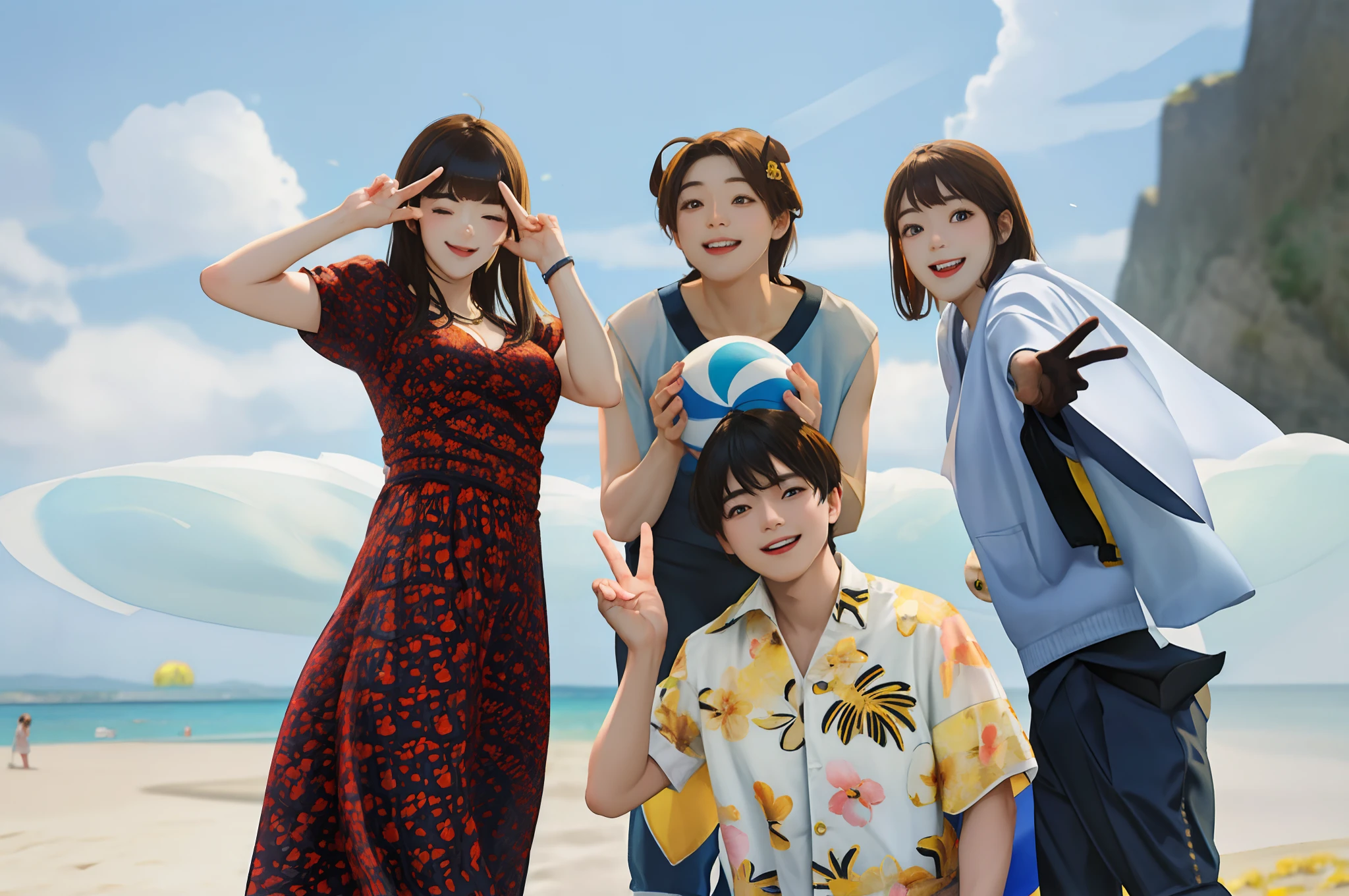 Three people taking photos with beach balls, ehime, summer setting, Photo Shot,, A clear day, Photo session,  vacation photo, in a sunny day, still from live action movie, Summer evening, Photo 1 5mm, masutepiece!!