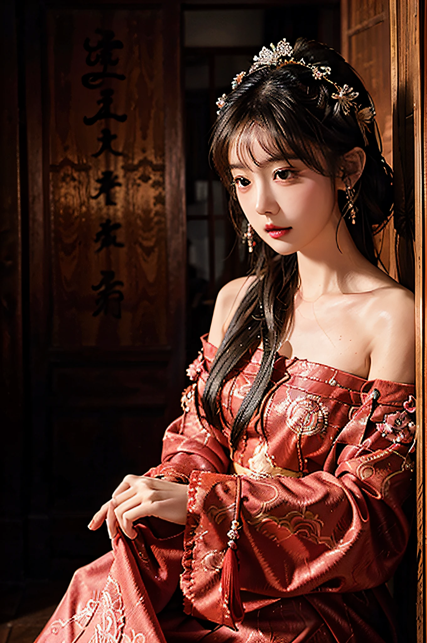(8K wallpapers, Masterpiece, Best quality, Ultra-detailed, Best shadow), Closed mouth, Beautiful detailed eyes,1.,(full bodyesbian:1.2)，cropped shoulders，The boudoir of an ancient Chinese girl，Look out the window，Fringed Hair Ornament，Peony Flower Hair Ornament，long whitr hair,Jade bracelet，Filigree peony fringed earrings,,真实感，The part that covers the hand