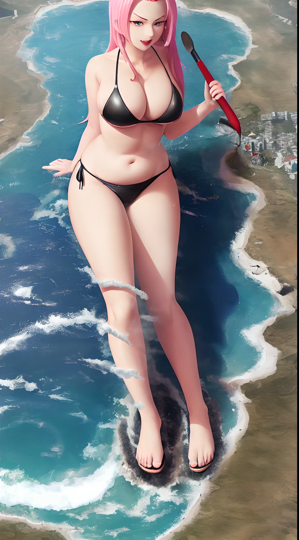 With a sledgehammer, Human head snake body, naga, One Piece, female emperor, Battle with Naruto's drunken Tsunade, Mature face, Full of charm, Plump body, proud posture, Bikini, Wave background, halo effects, super wide shot, Sony Master Lens