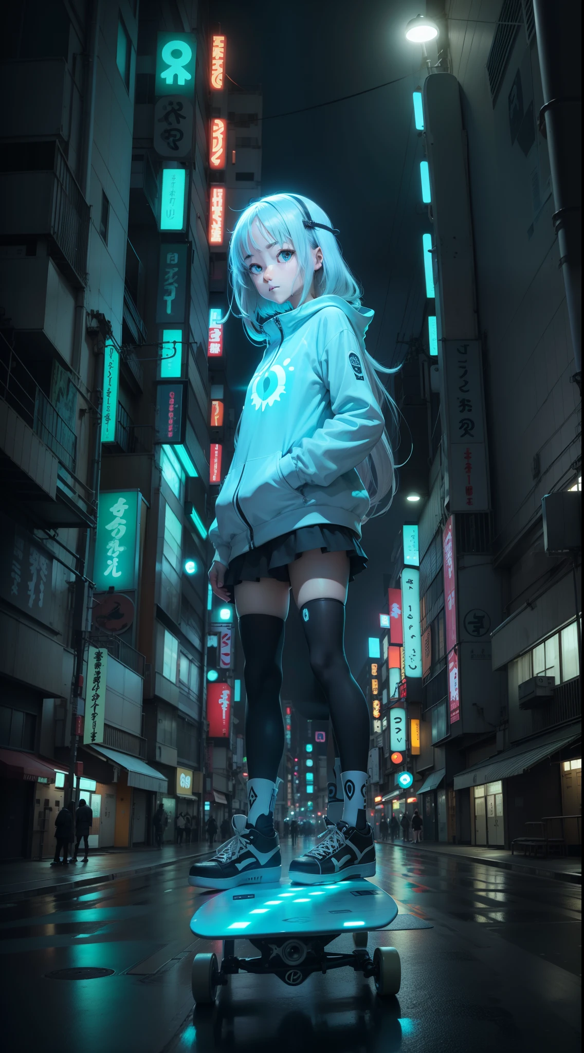 beautiful anime girl, slight smile, perfectly symmetrical eyes, beautiful face, standing on top of a wide skateboard, perfect stance on top of wide board, Tokyo, Bioluminescent, extra wide skateboard, three feet wide, wider then riders feet stance, bottom of feet flat to the board gravity,