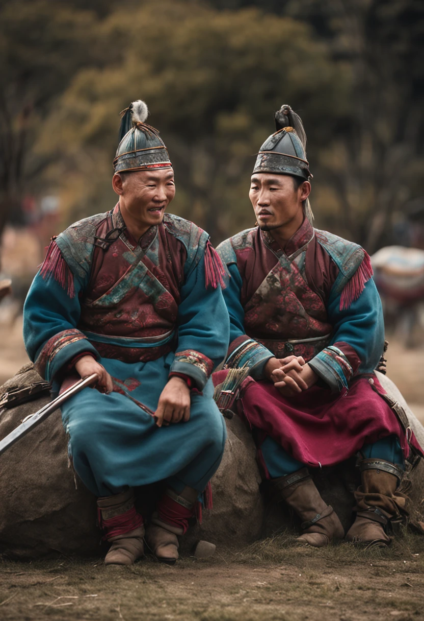 Two Mongolian soldiers,Chaining a Han peasant,Ancient Chinese clothing ,The soldier was burly,The peasants are gray-haired