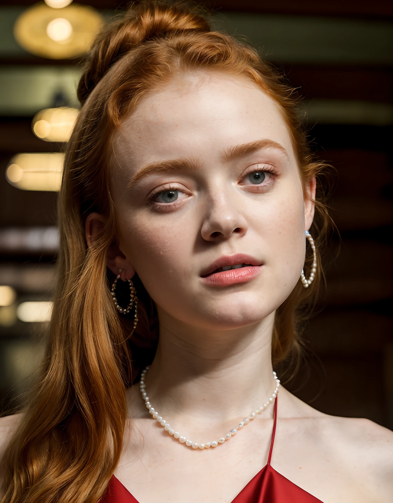 (full body) full-length shot of Sadie Sink, beautiful woman sitting in bar, ginger hair up hair up sweep, in a nightclub (full body: 1.3), wearing pearl necklace, lots of oil on body, head arched back in pleasure, slutty, orgasmic expression, wearing hoop earrings, ultra sharp focus, sexy red dress, full body, (masterpiece) (best quality) (detail) intricate details, highly detailed, sharp focus, professional, photorealistic, post-processing, max detail, roughness, real life, ultra realistic, photorealism, photography, photography, high detailed skin, detailed skin, best ratio four finger and one thumb (realistic, photo-realistic:1.37)