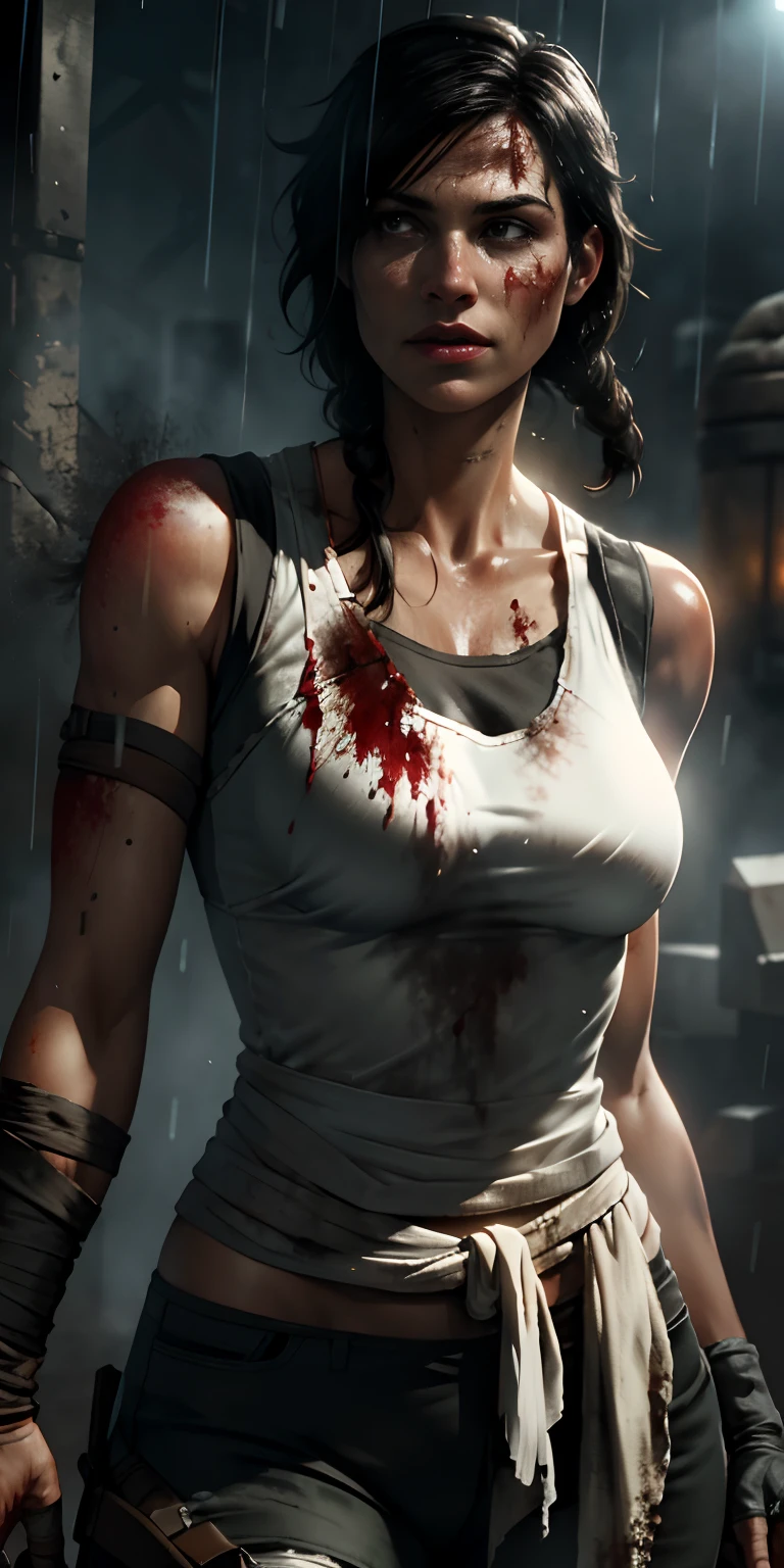Laura Crawford wears a shabby white vest，Tomb Raider 9，Long messy black hair，The arm is wrapped in a bandage，Realistic details，It was raining heavily，Thermal vaporization、Rich particle effects,Seriously injured，Moaning，wretched，Bloody