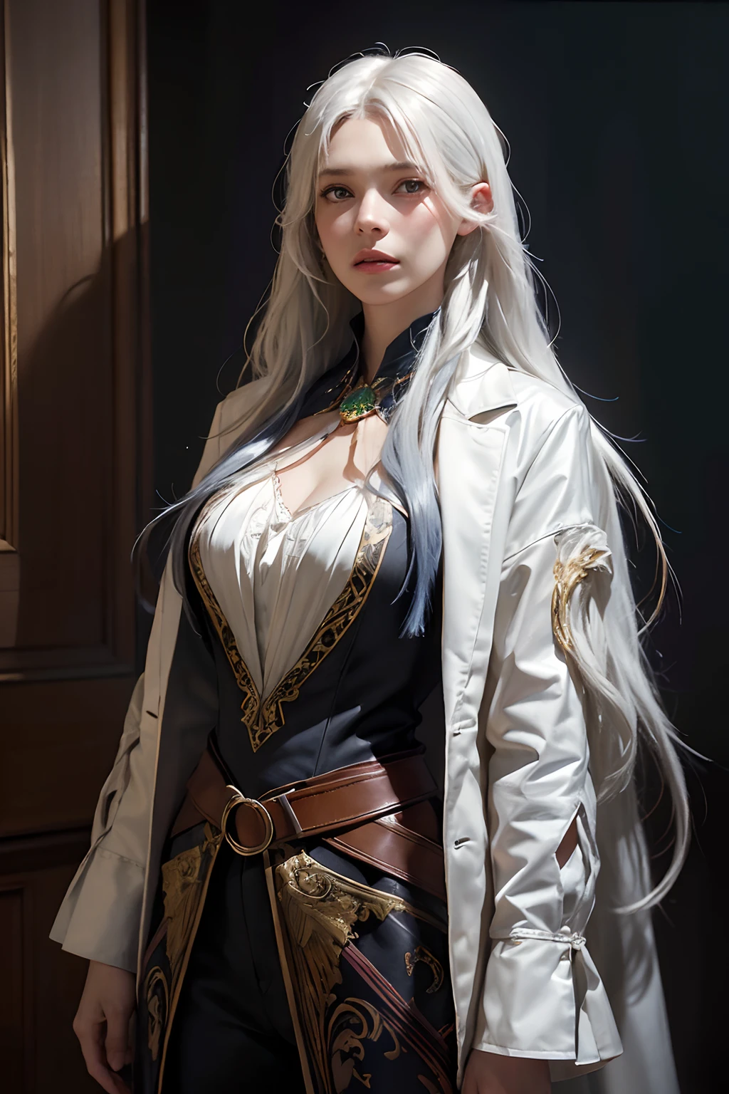 Hyperrealist portrait of female by david hockney and alphonse mucha,fantasy art, photo realistic, dynamic lighting, artstation, poster, volumetric lighting, very detailed faces, 4 k, award winning,, 1girl, in the dark, deep shadow, low key,cowboy shot,(official clothing:1.4) ,long hair,white hair,