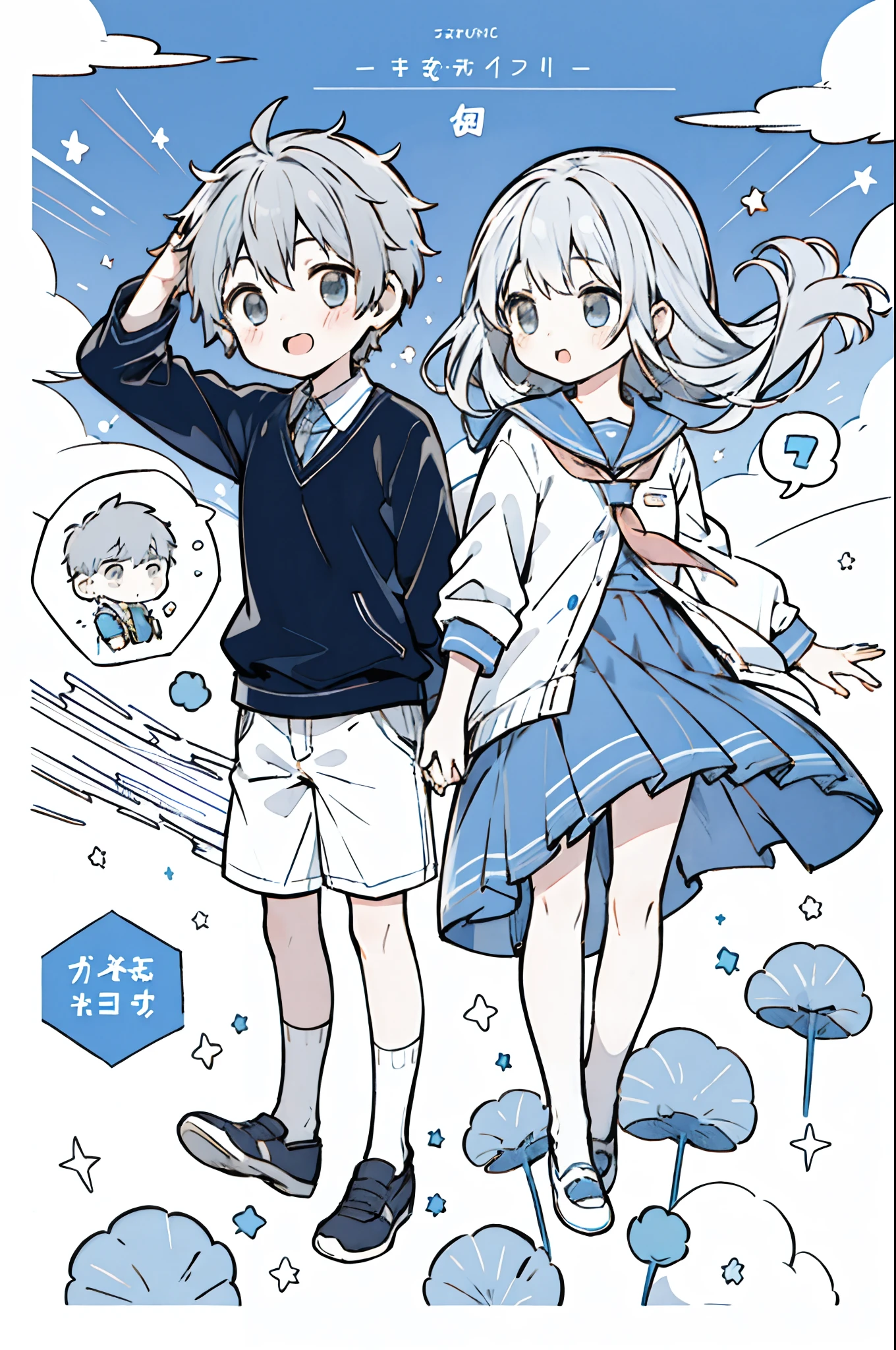 Multiple texts、Voice bubbles、(comic strip)、cute little、School Story、One Point Blue、(Tales under the blue sky)、cover page、(boy and girl)、1boys、女の子1人、youthfulness、comic strip、Hair that flutters in the wind、Long grey hair