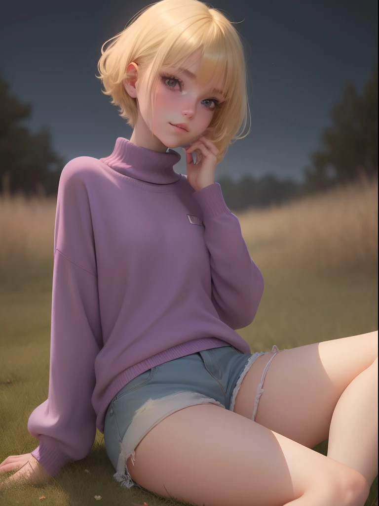 A quiet girl,Short yellow hair,Long face, Wear a purple sweater and shorts,Pubic hair shows through,and wear no underwear,the night,on a grassy field,is shy,Only the left side of the face is exposed,ssmile,Kiss,Ruffle your hair,sat on the ground